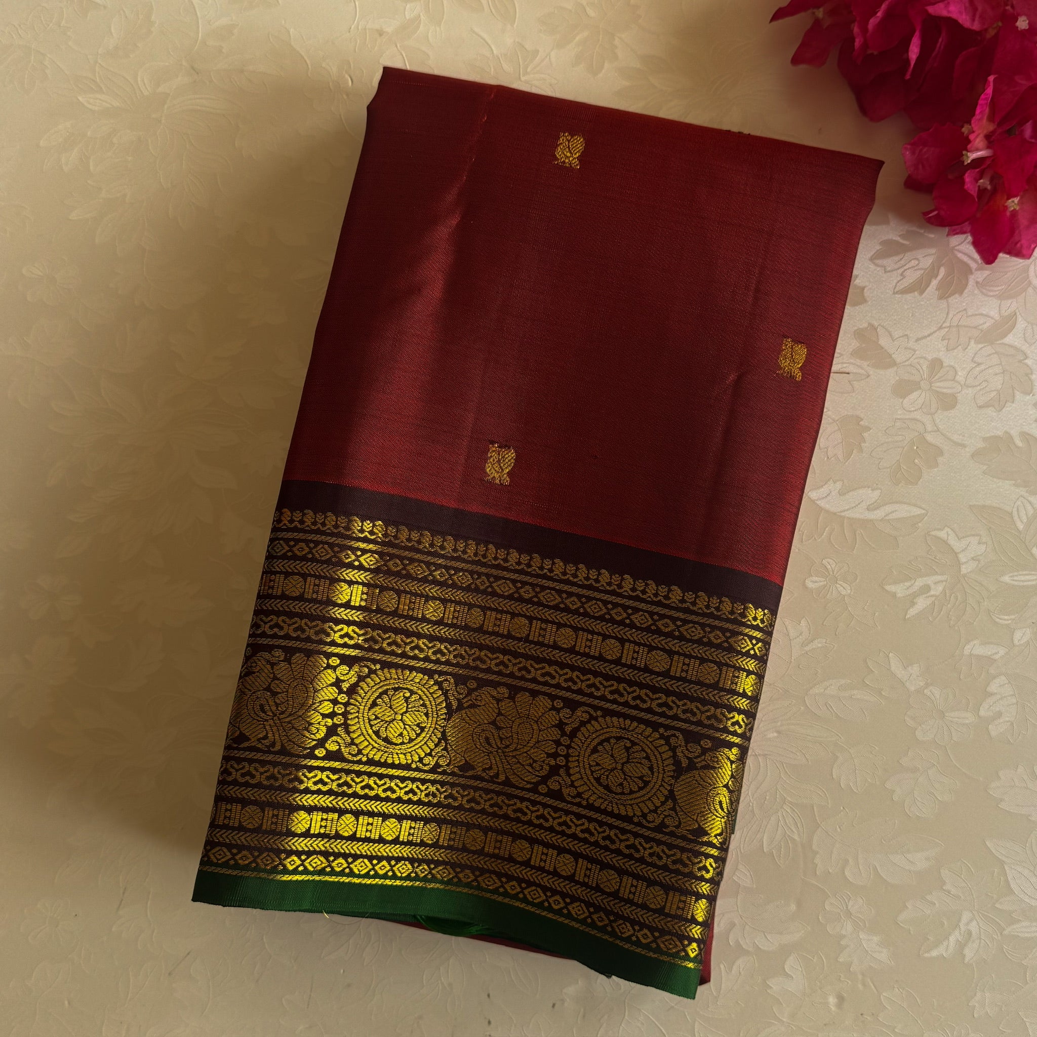 Burgundy Silk Saree Gold Brocade Floral Pallu Green Edged Border