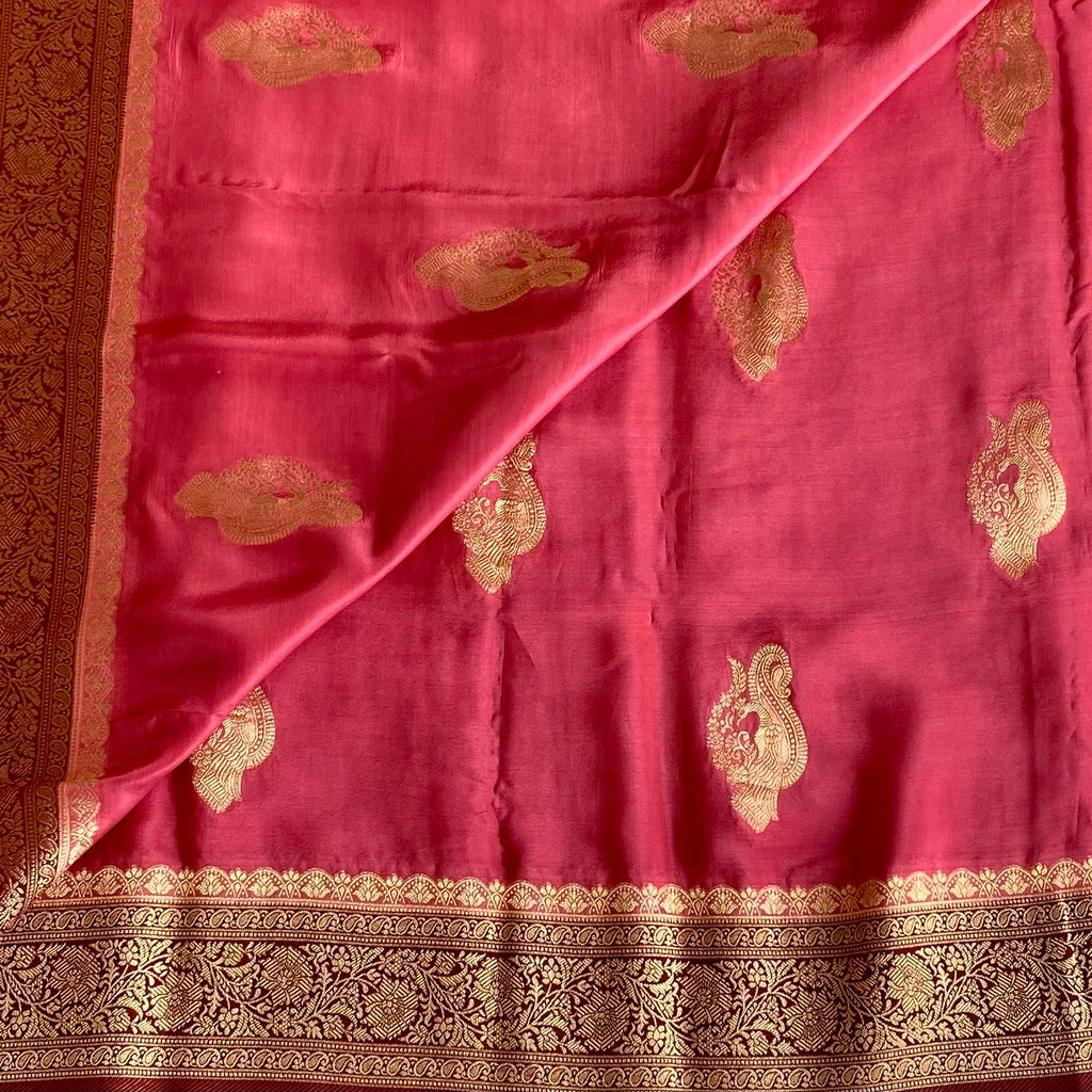 Rose Pink Soft Tussar Silk Saree With Maroon Pallu