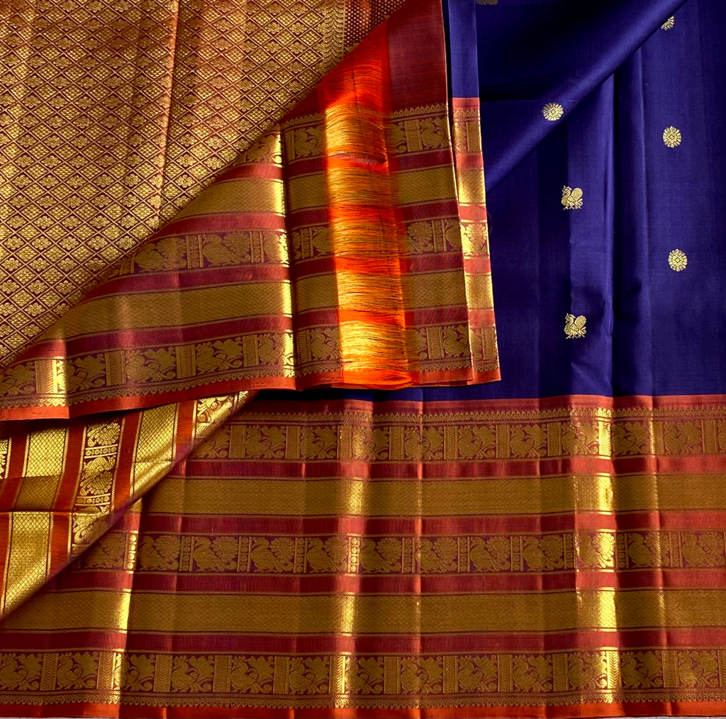 Royal Blue Saffron Orange Silk Saree With Gold Zari Border