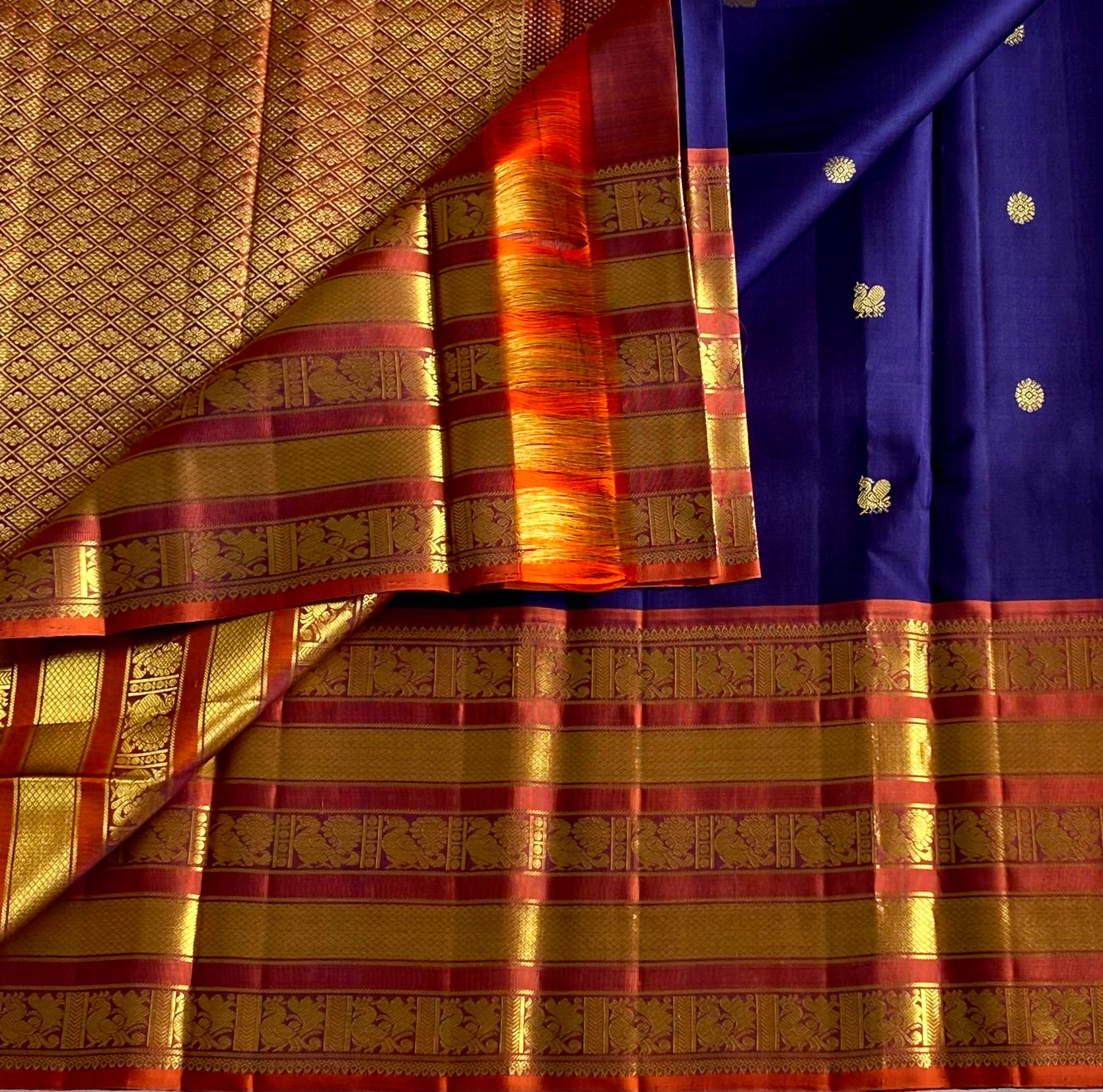 Royal Blue Saffron Orange Silk Saree With Gold Zari Border