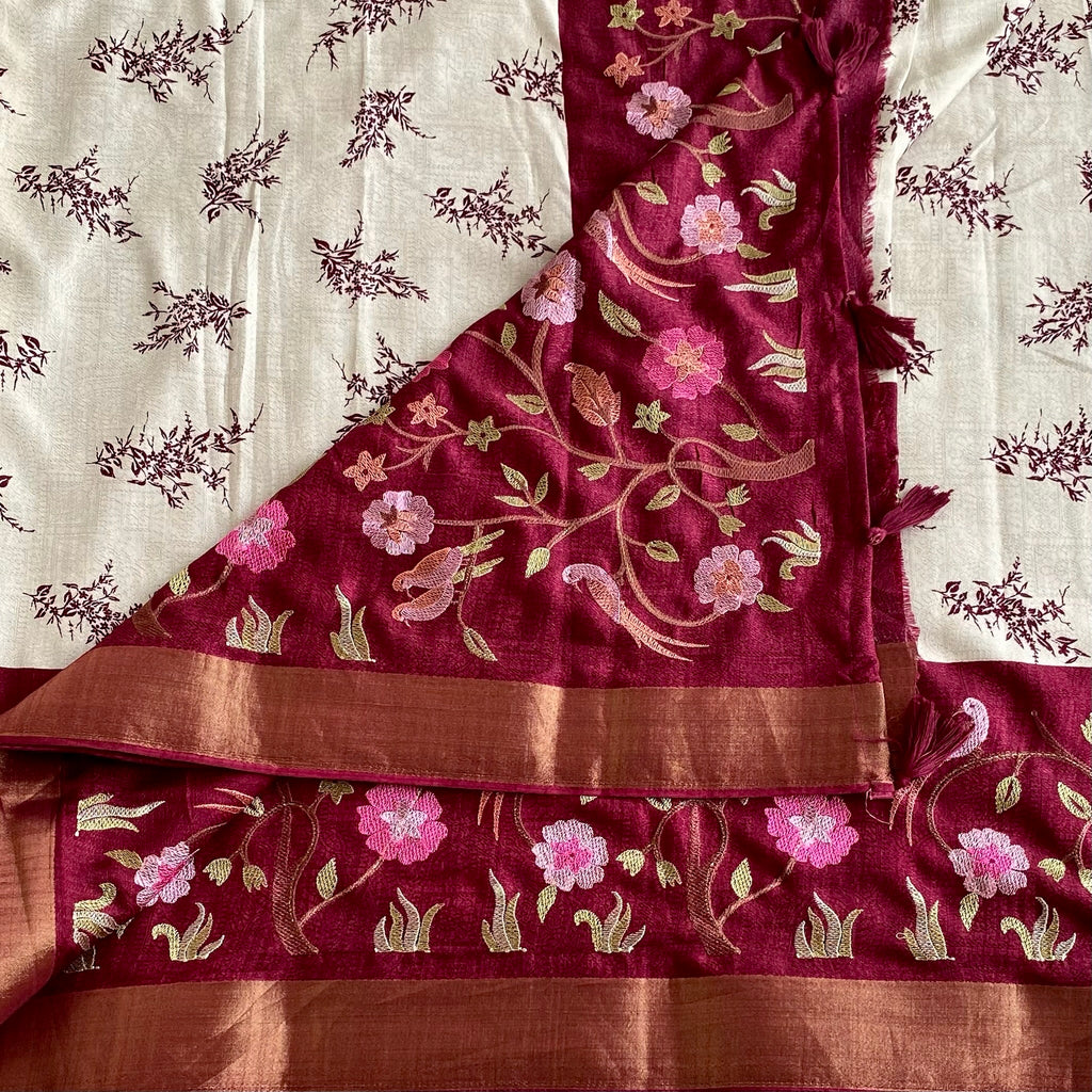 Ivory Soft Tussar Silk Saree With Maroon Embroidered Pallu And Zari Border