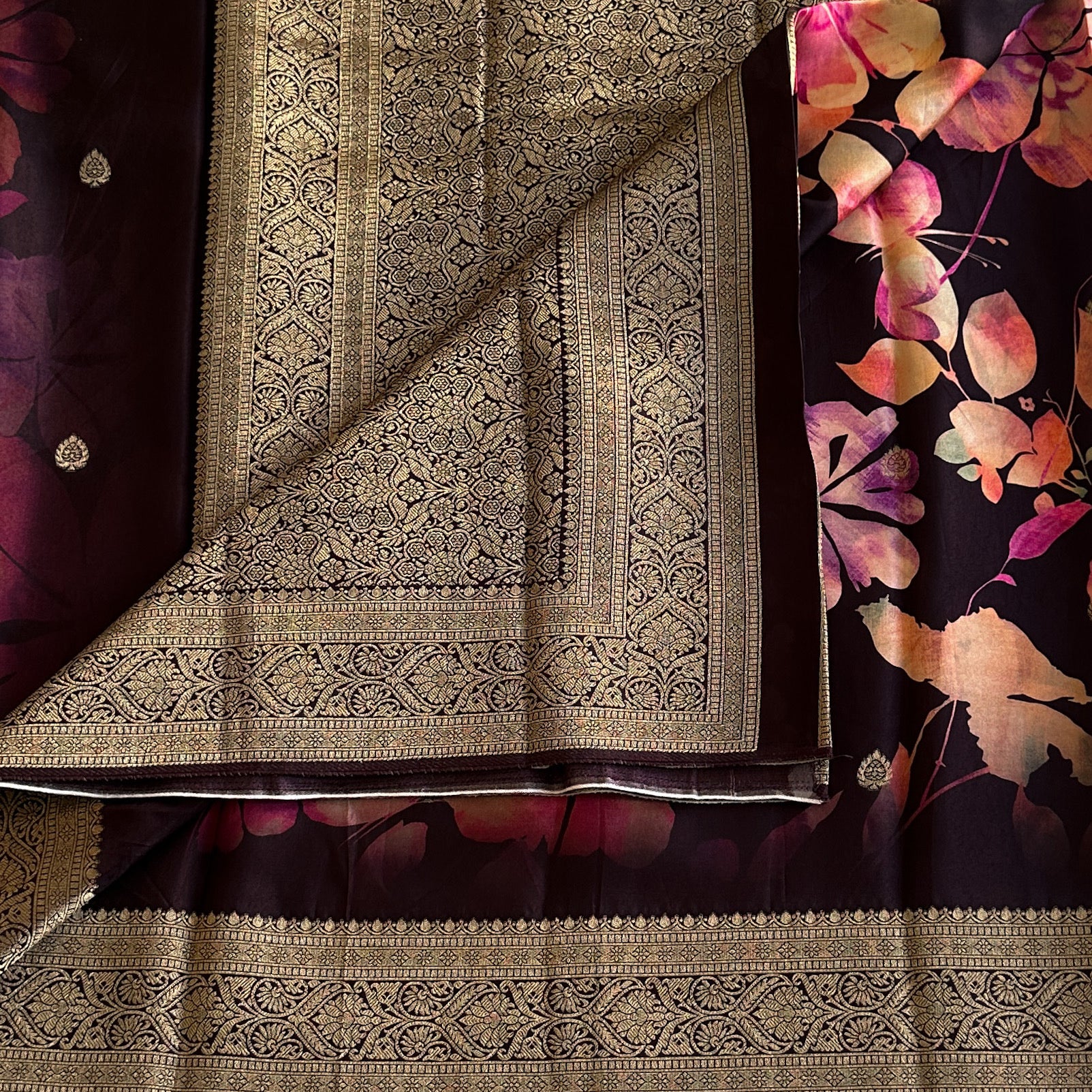 Elegant Aubergine Floral Saree with Gold Brocade Border and Pallu