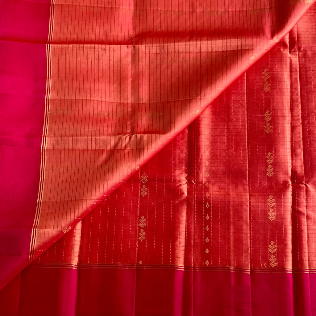 Designer Pure Silk Saree With Coral Peach & Rani Pink Combination