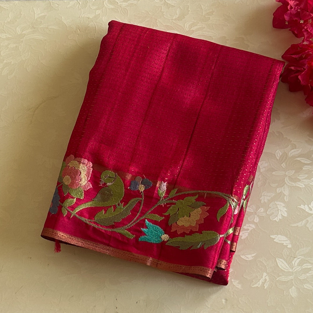 Deep Magenta Silk Saree Gold Zari Floral Embroidered Border Traditional