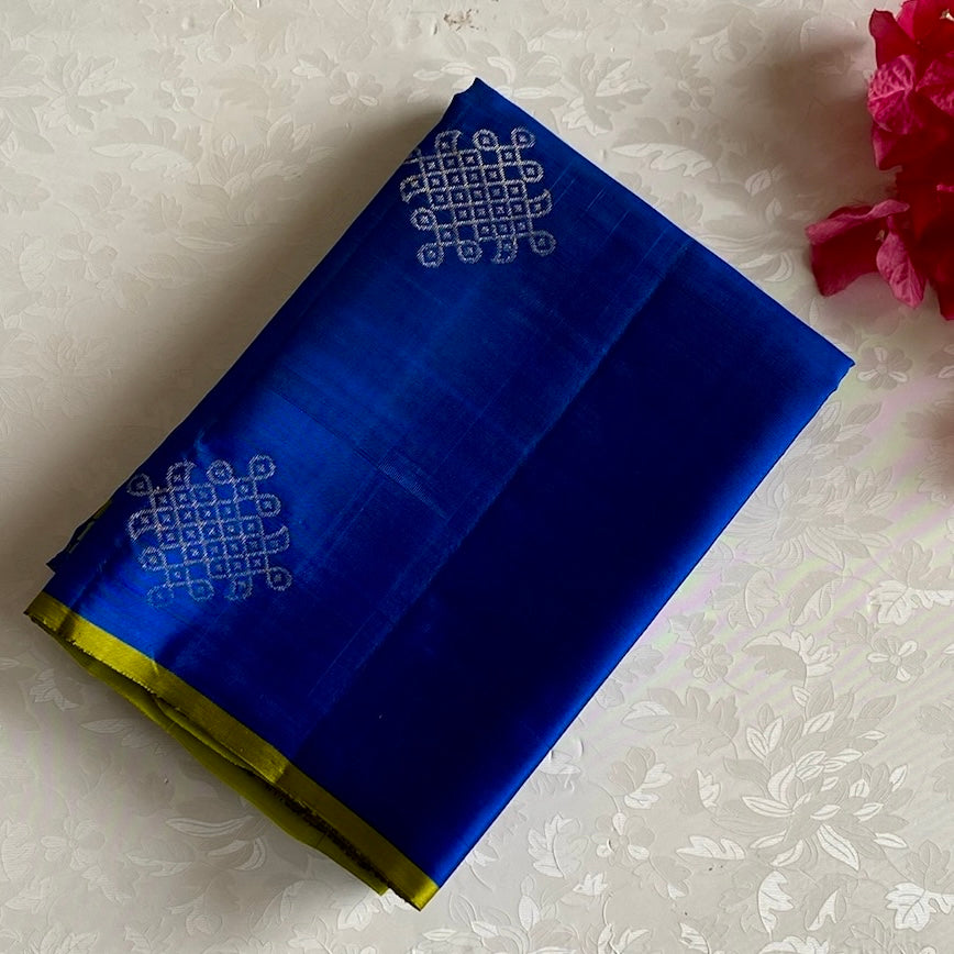 Royal Blue Designer Pure Silk Saree With Lime Green Kollam