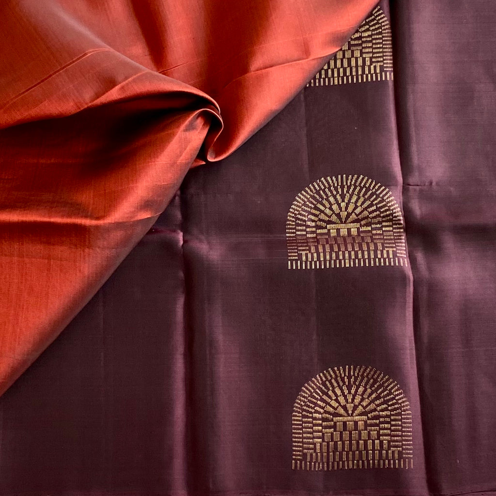 Burgundy Brown Designer Pure Silk Saree With Burnt Orange Pallu