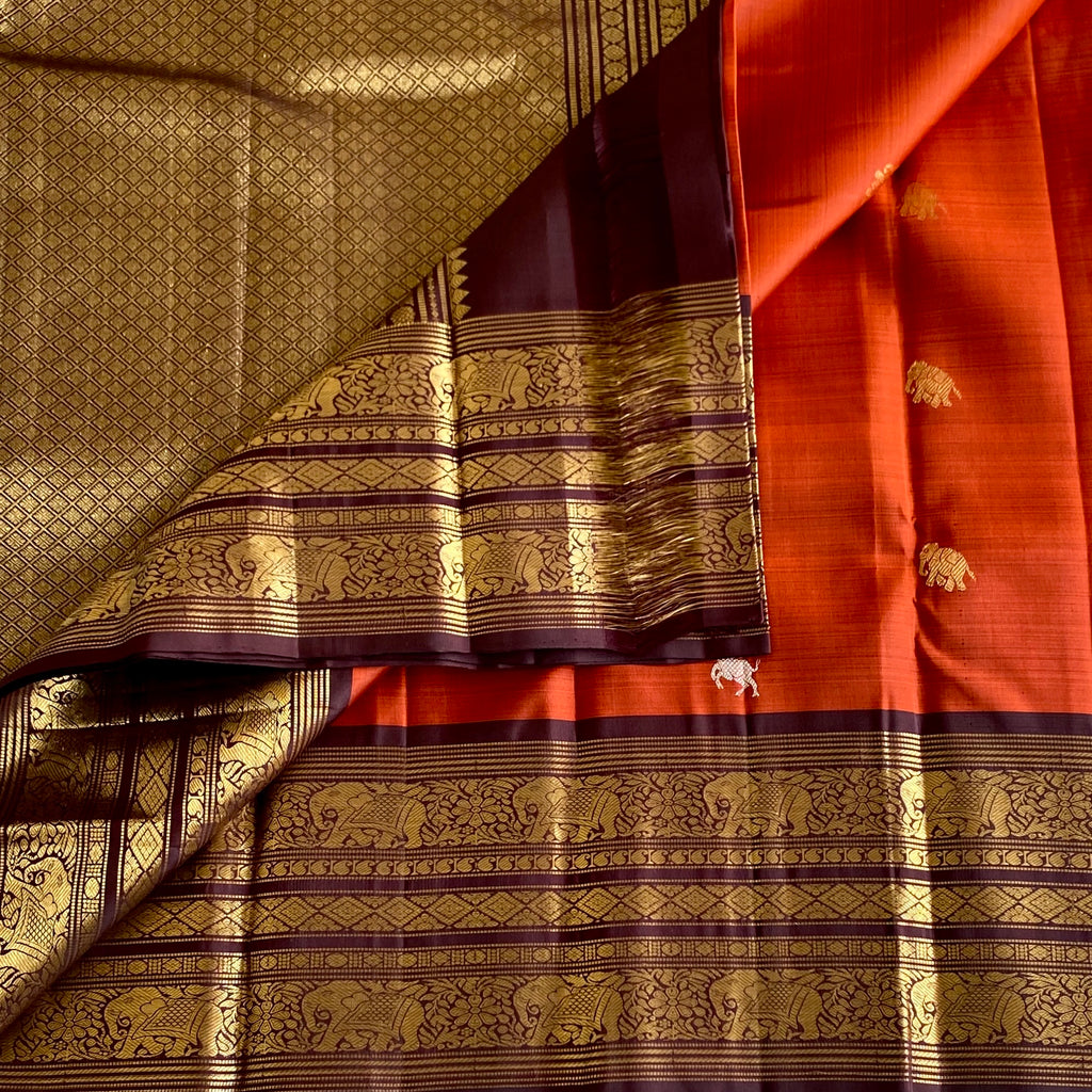 Vintage Rust Kanjeevaram Pure Zari Silk Saree With Deep Coffee Pallu