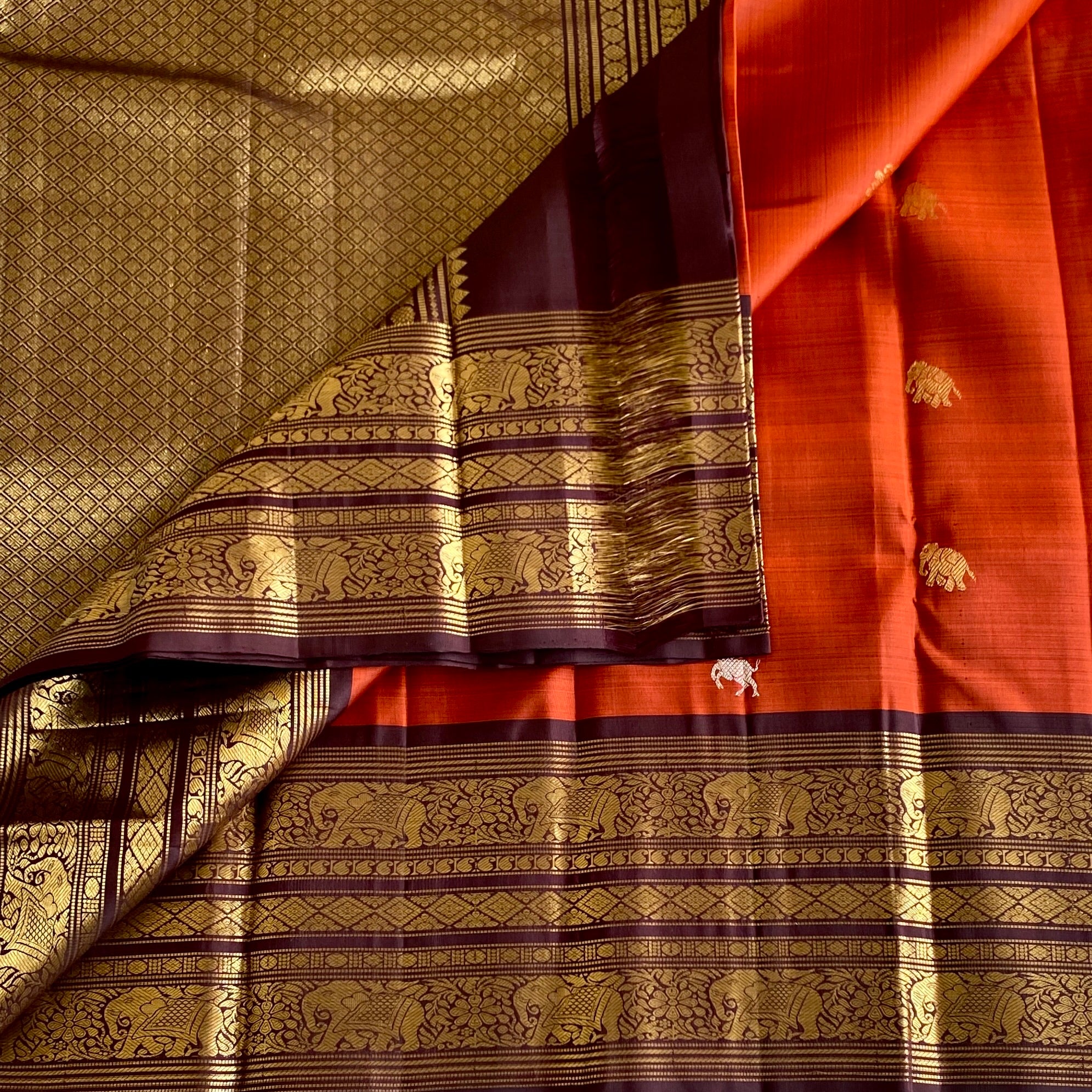 Vintage Rust Kanjeevaram Pure Zari Silk Saree With Deep Coffee Pallu