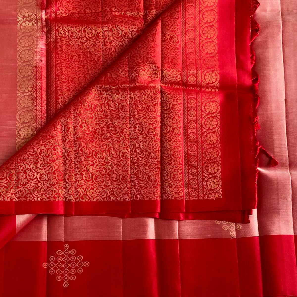 Blush Pink Kollam Designer Pure Silk Saree With Scarlet Red Pallu