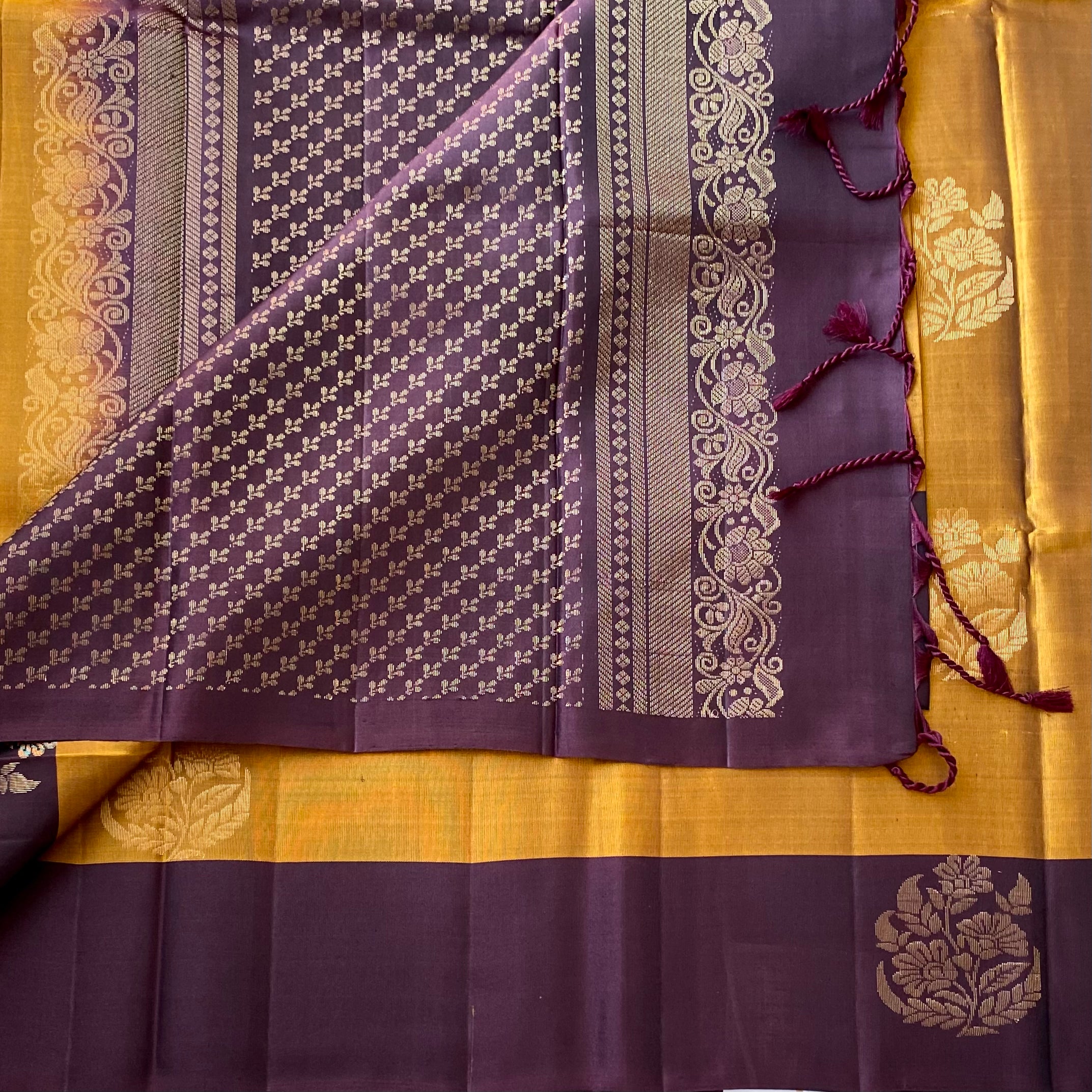 Traditional Mustard Plum Silk Saree With Gold Floral Zari Border