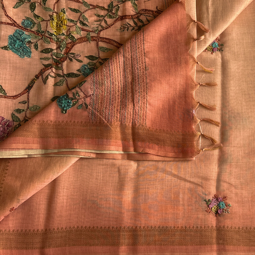 Elegant Peach Embroidered Floral Handloom Saree with Gold Zari Border