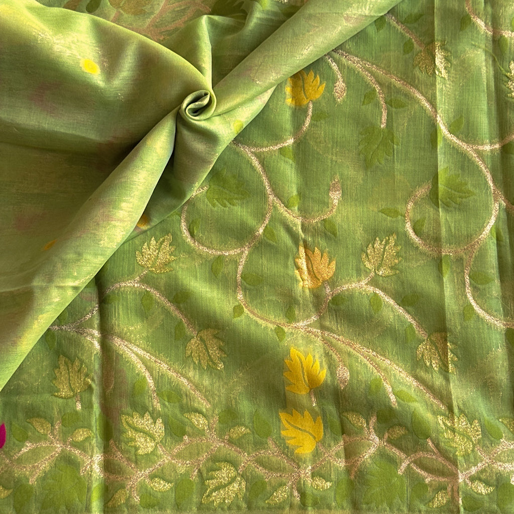 Lime Green Floral Zari Saree Fuchsia Mustard Motifs Tassel Edge