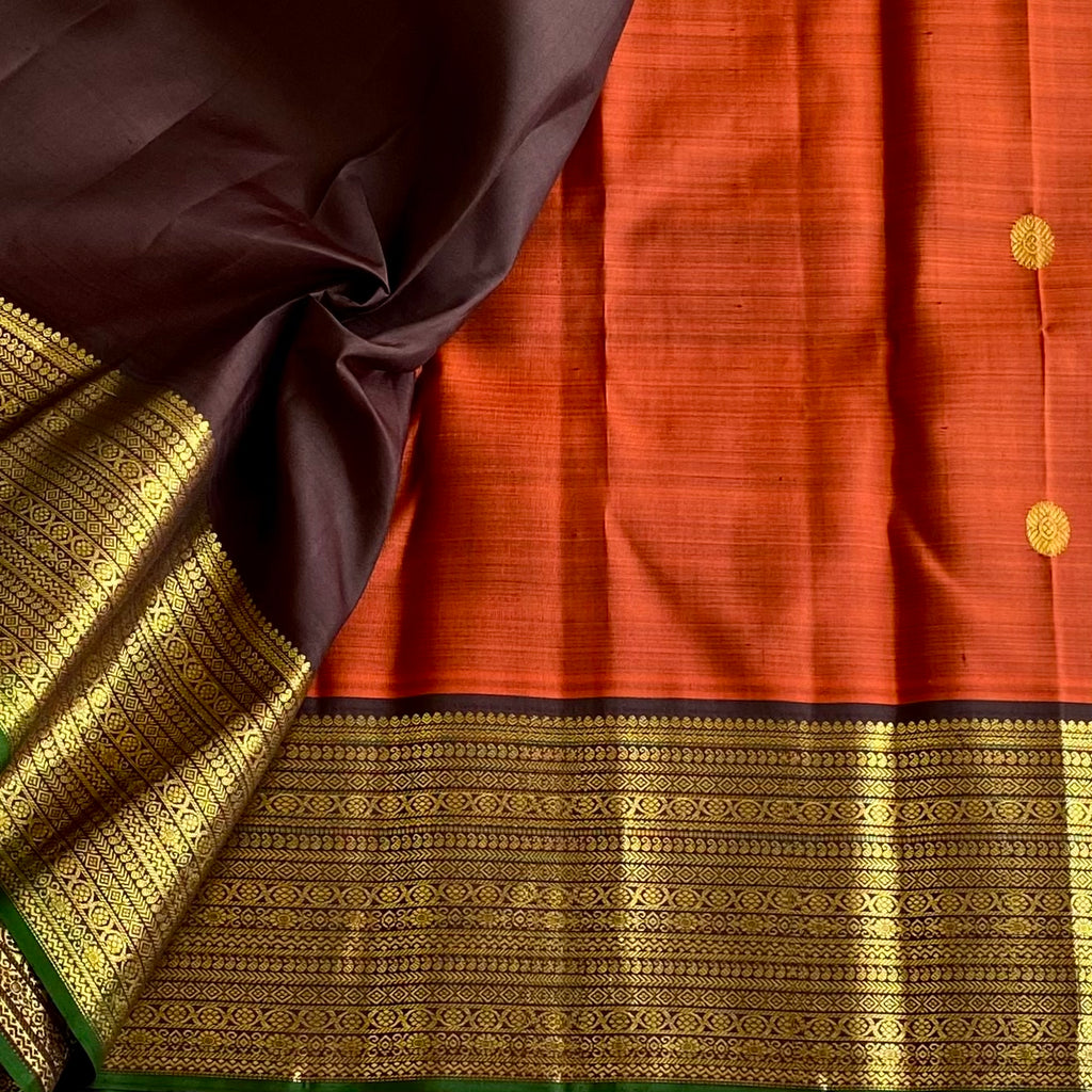Burnt Orange With Classic Coffee  Brown Kanjeevaram Pure Zari Silk