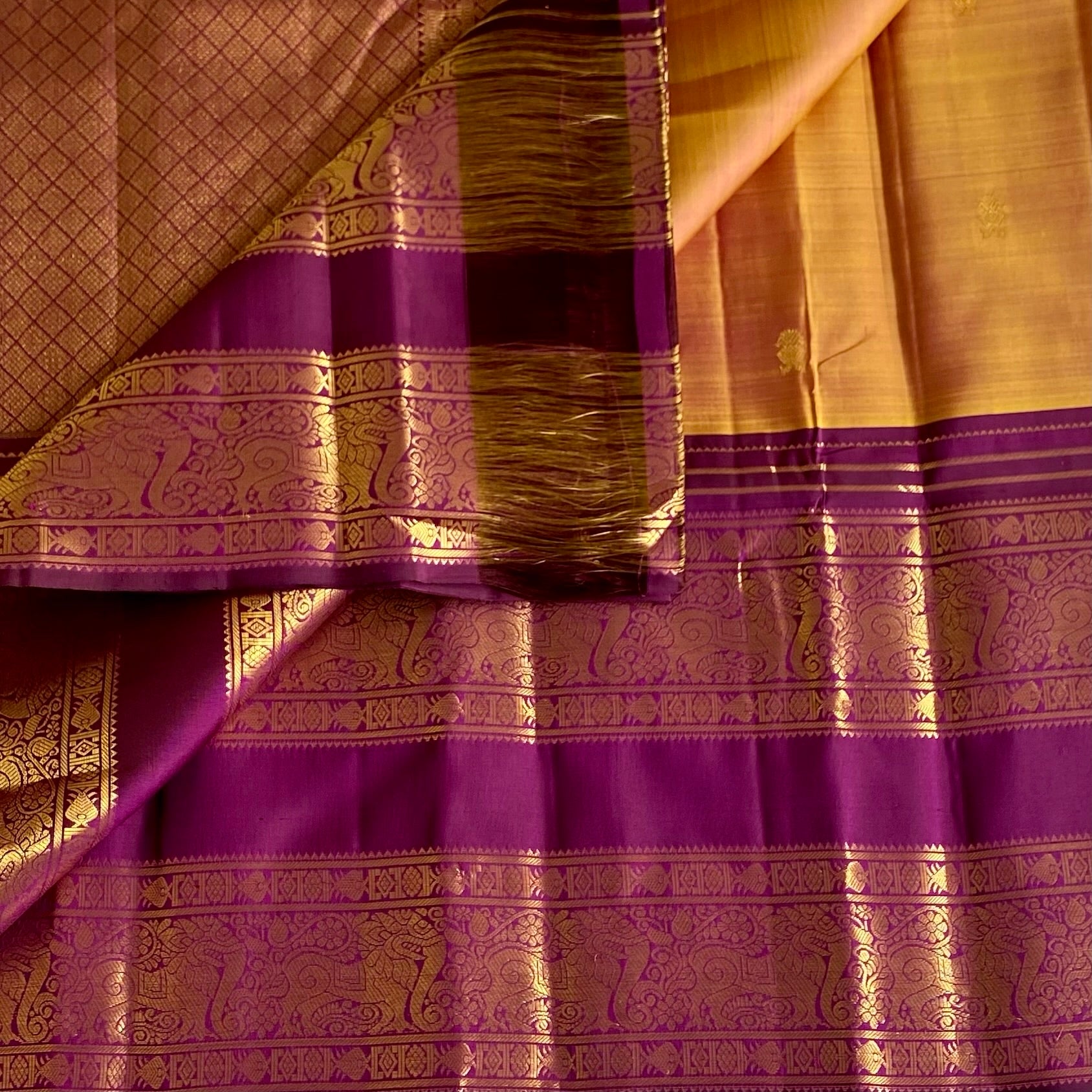 Dual Shaded Honey Gold With Lustrous Wine Purple Kanjeevaram Silk