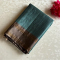 Peacock Teal Designer Pure Silk Saree With Smoky Taupe Pallu