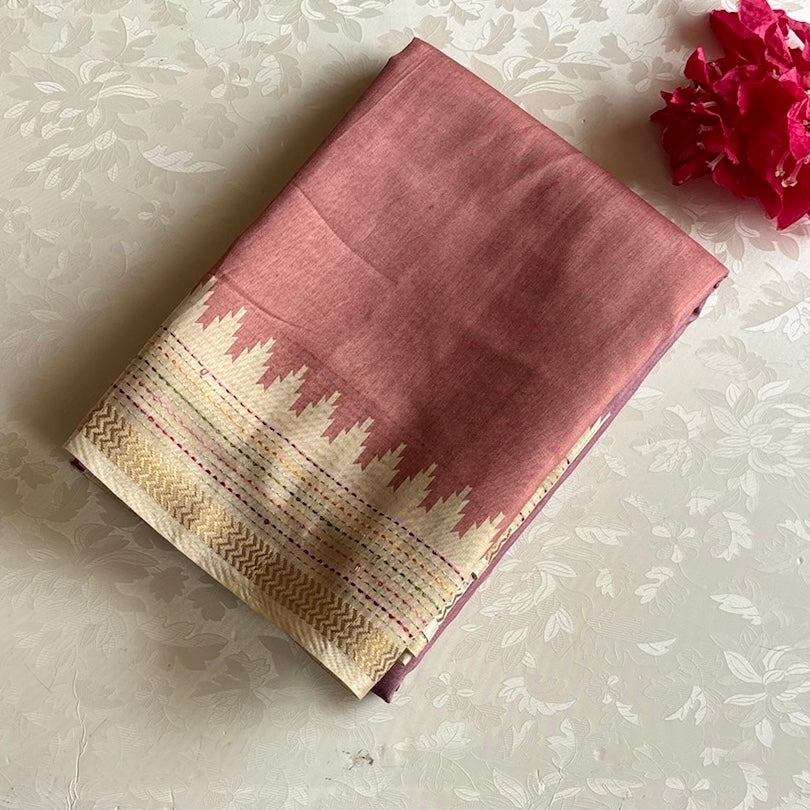 Dusty Mauve Soft Tussar Silk Saree With Antique Cream Pallu