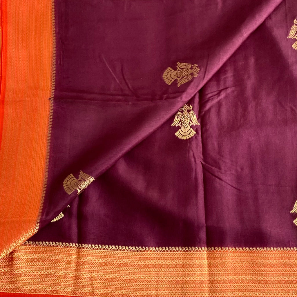 Deep Plum Soft Crepe Silk Saree With Vibrant Orange Pallu