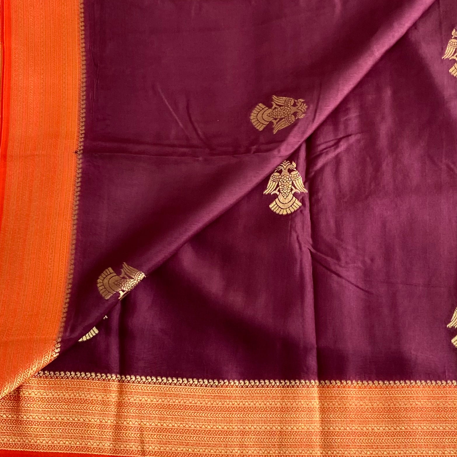 Deep Plum Soft Crepe Silk Saree With Vibrant Orange Pallu