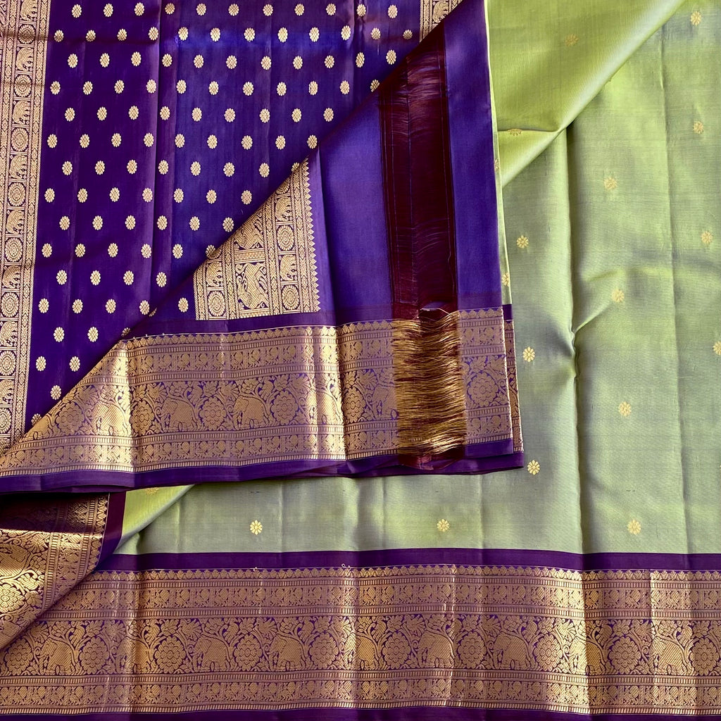 Dual shaded Sage Green Designer Pure Silk Saree With Royal Purple Pallu
