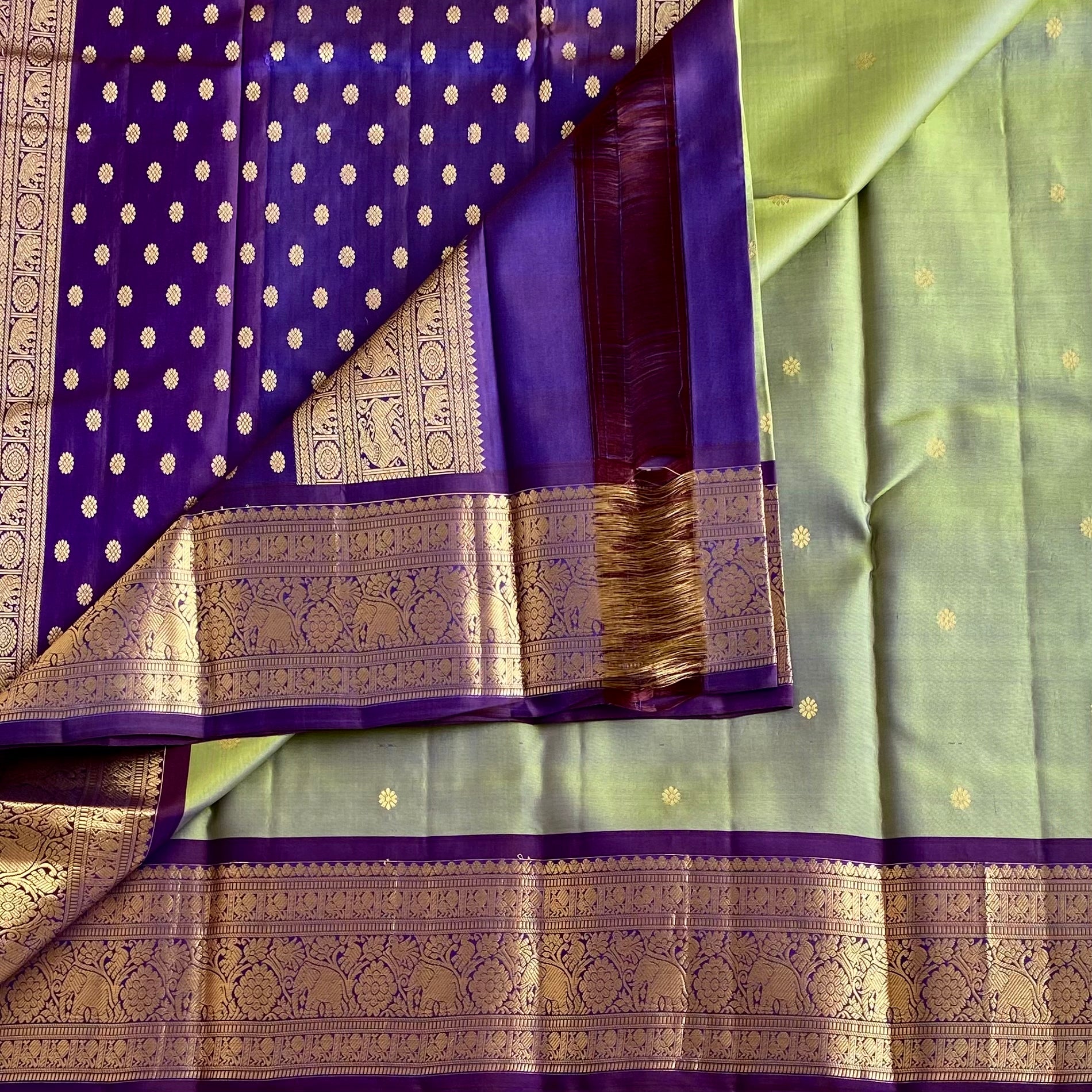 Dual shaded Sage Green Designer Pure Silk Saree With Royal Purple Pallu