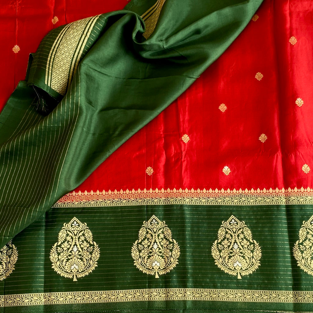 Ruby Red Soft Tussar Silk Saree With Forest Green Pallu