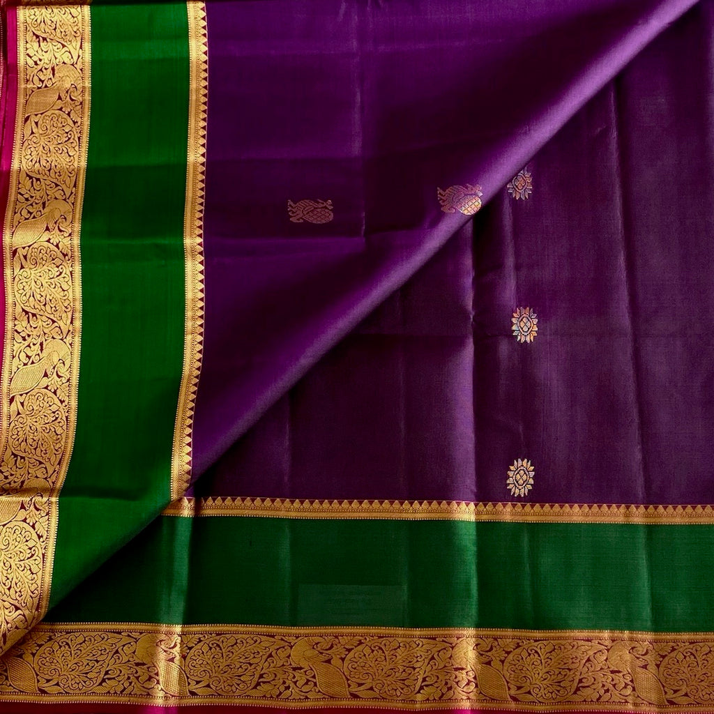 Royal Purple Designer Pure Silk Saree With Fuchsia Pink Pallu