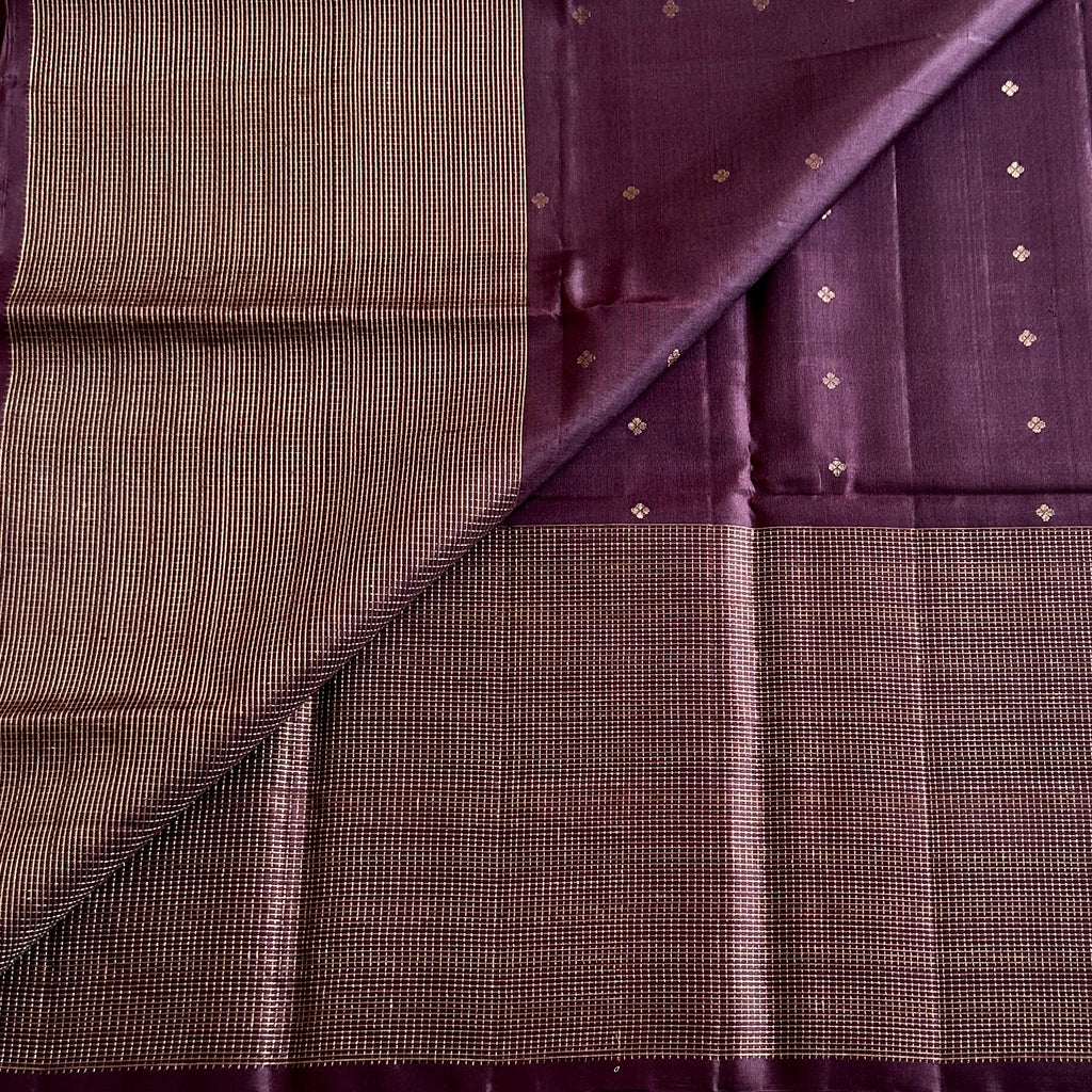 Deep Wine Checkered Pure Silk With Gold intricate Pallu lightweight elegance