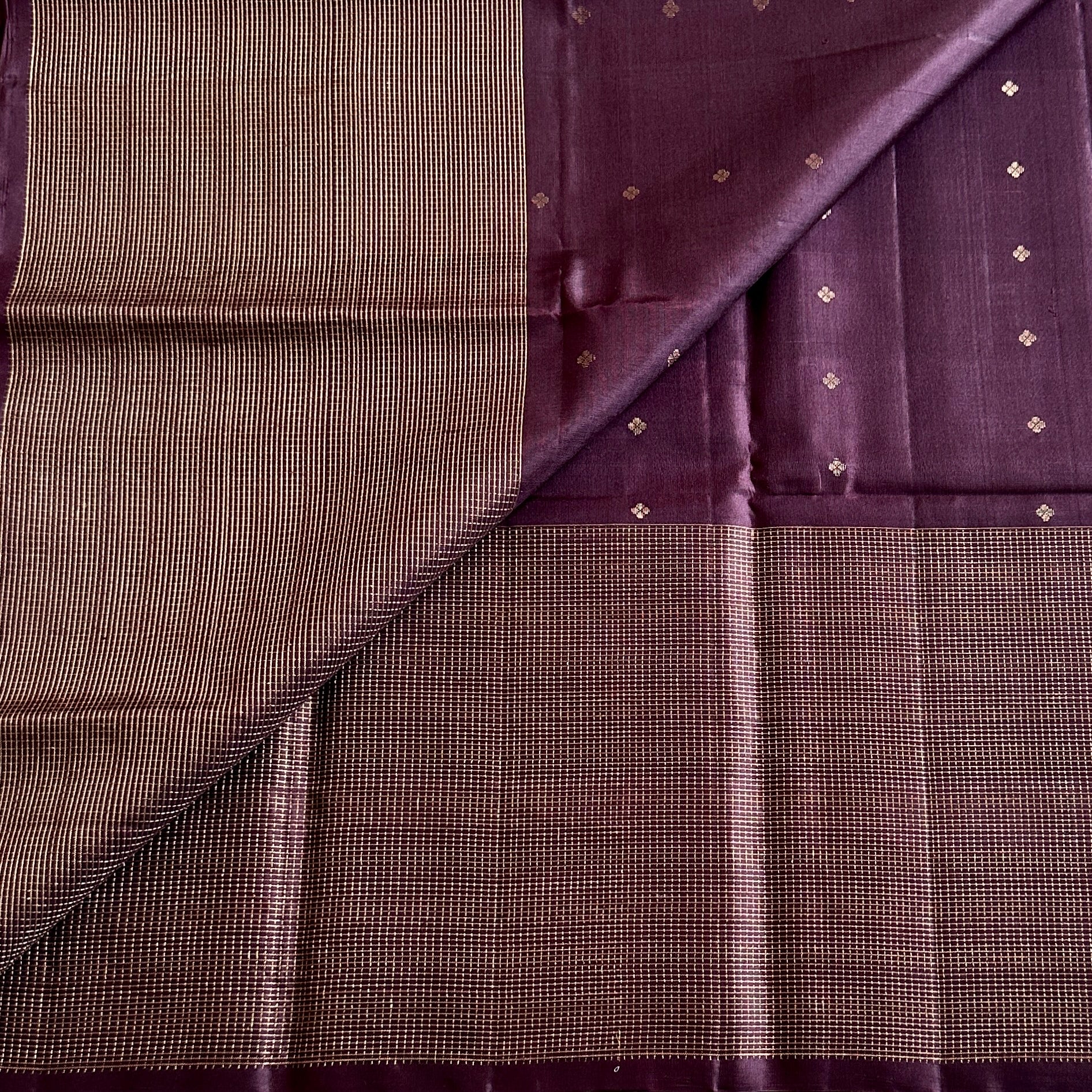 Deep Wine Checkered Pure Silk With Gold intricate Pallu lightweight elegance