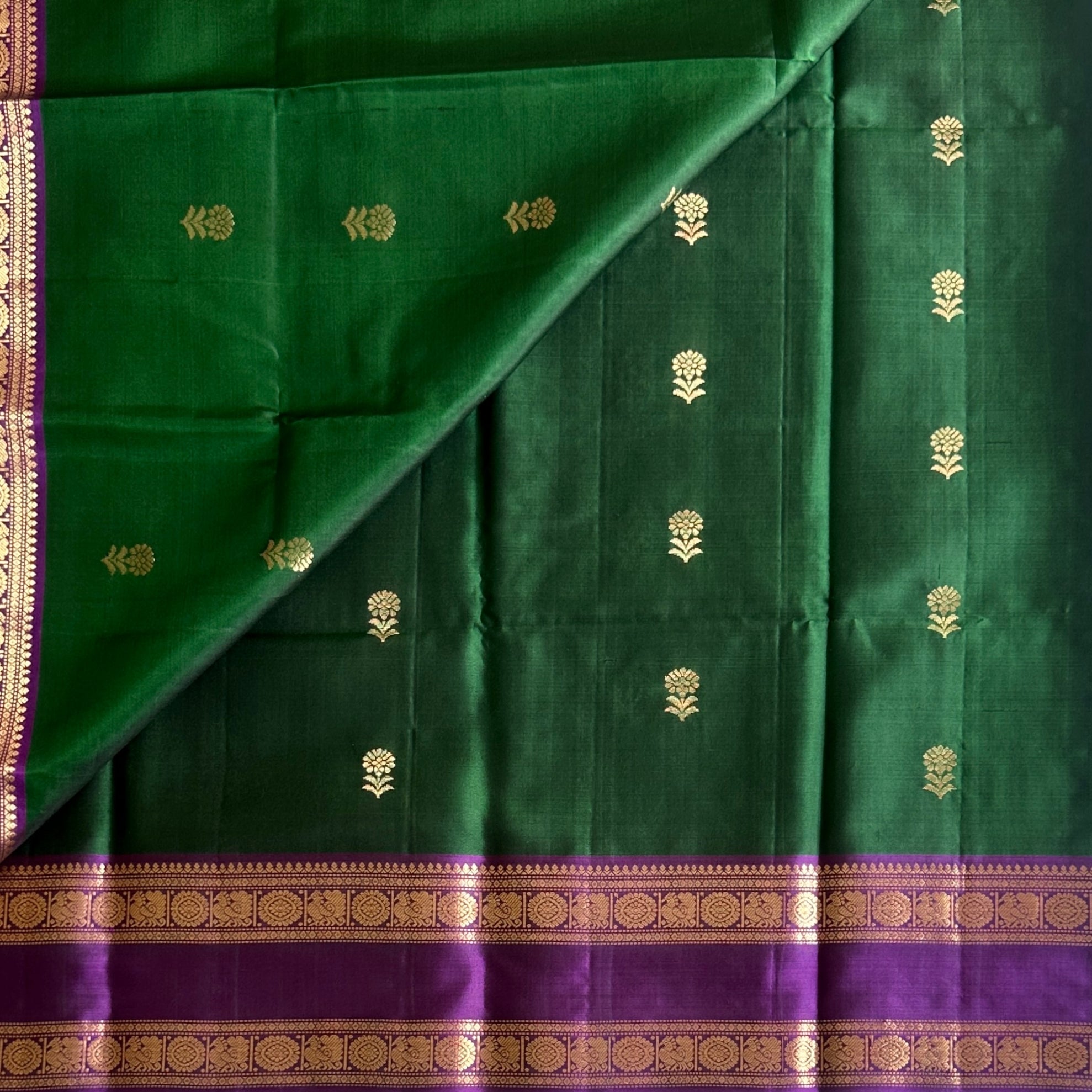Royal Purple Emerald Green Silk Saree Gold Brocade Border