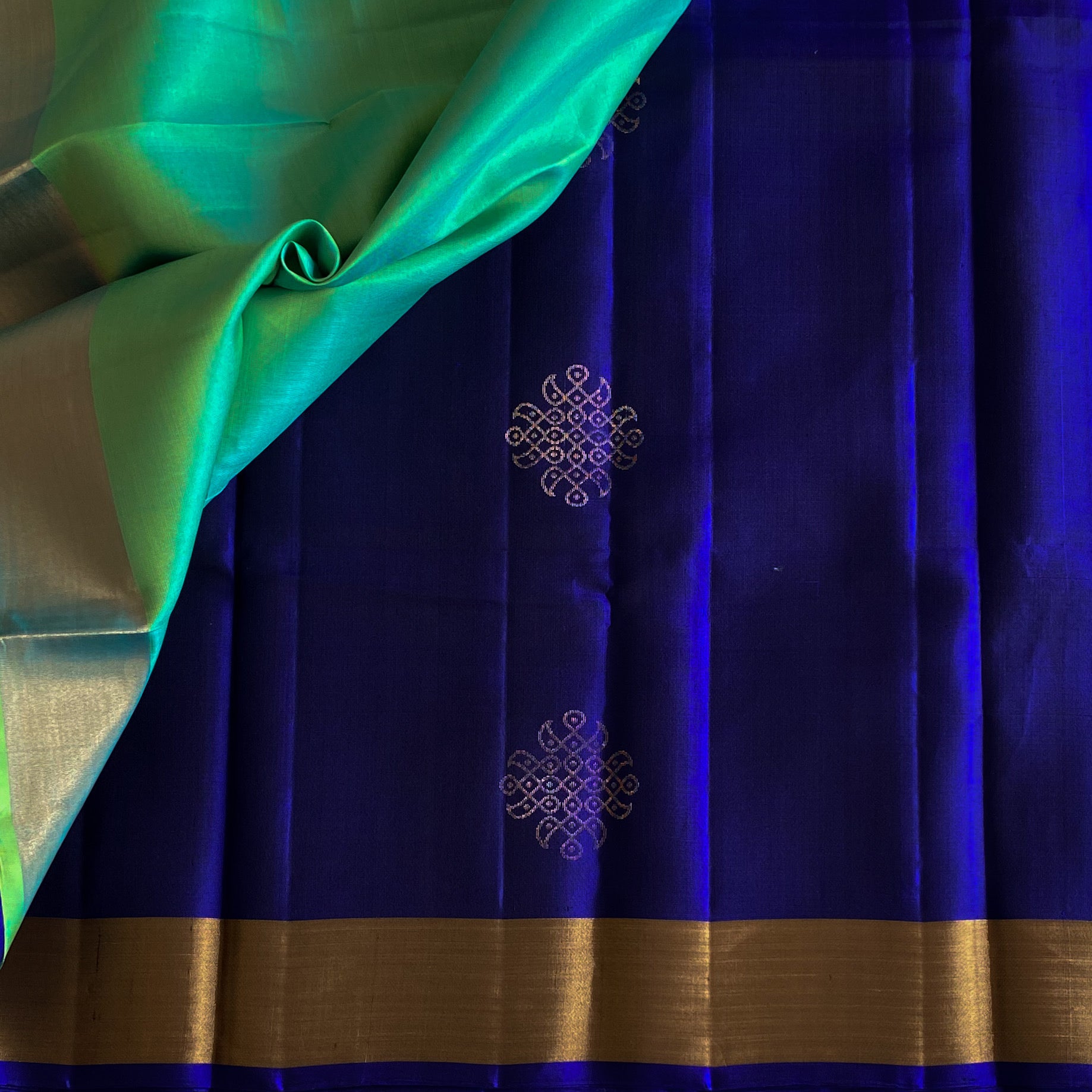 Royal Blue Seafoam Green Silk Saree With Kollam Zari weave