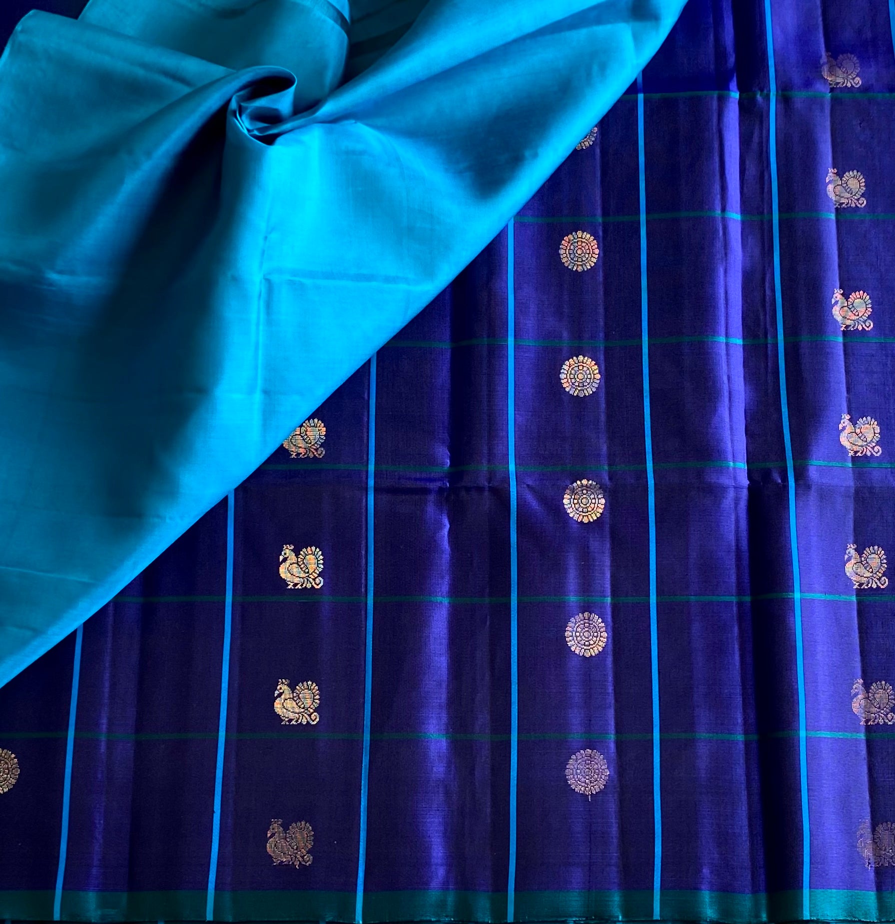 Mesmerising Royal blue with Turquoise Checkered Designer Lightweight Pure Silk