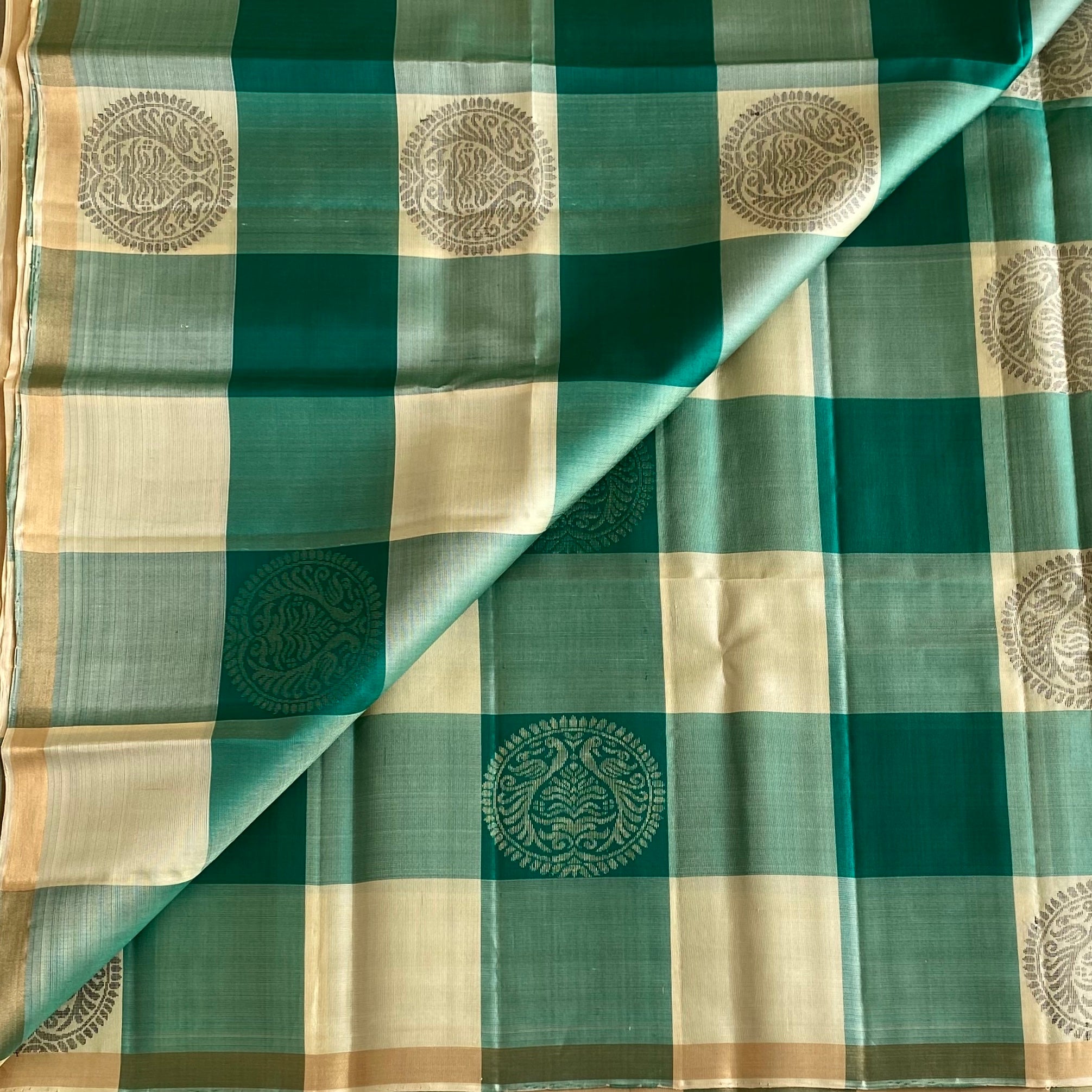Shades of Green Checkered Designer Pure Silk