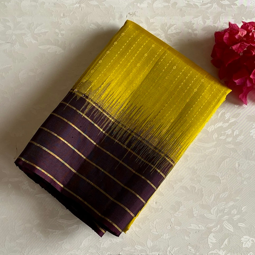 Lime Yellow Designer Pure Silk Saree With Deep Plum Pallu