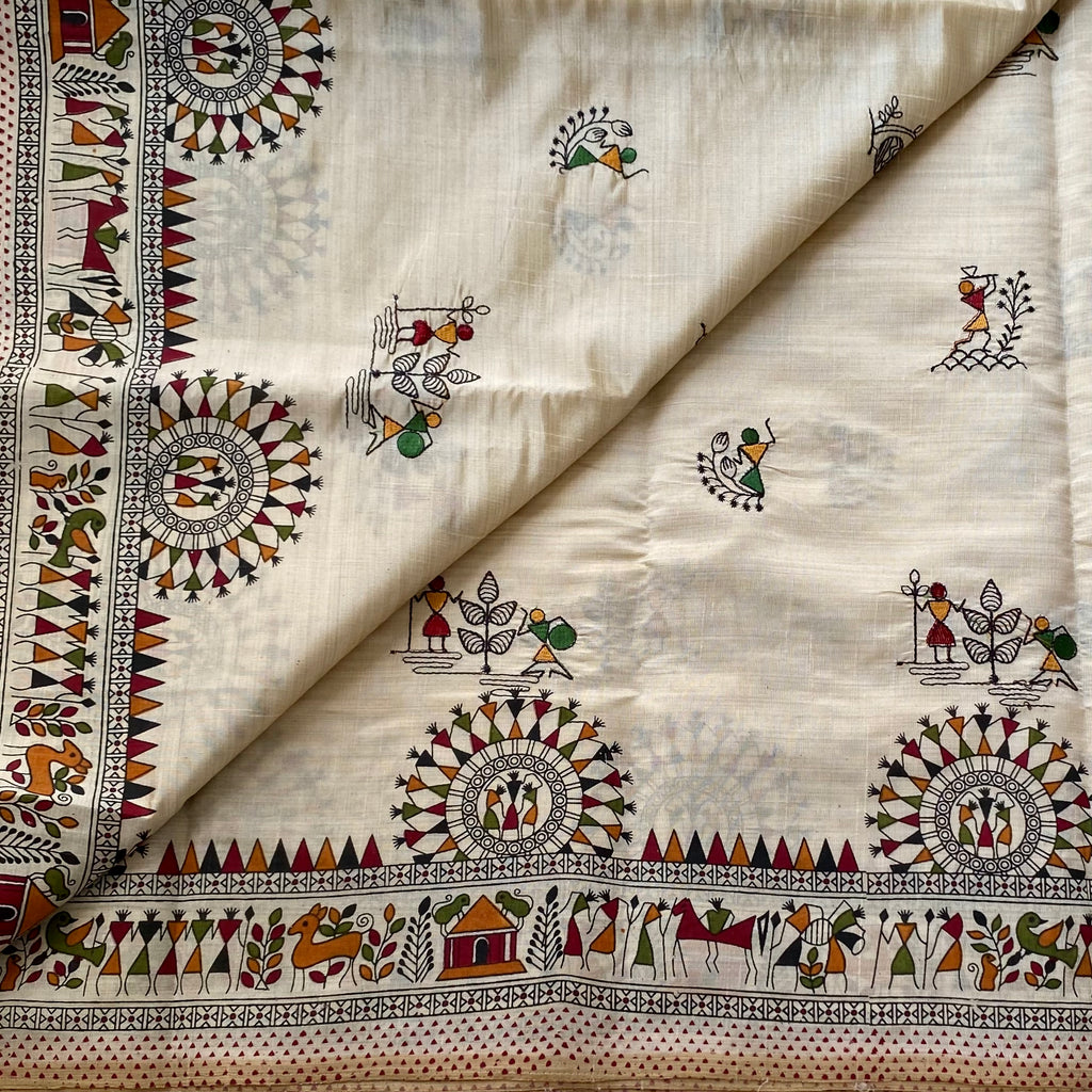 Cream Folk Printed Saree With Maroon Tassel Border For Festivals