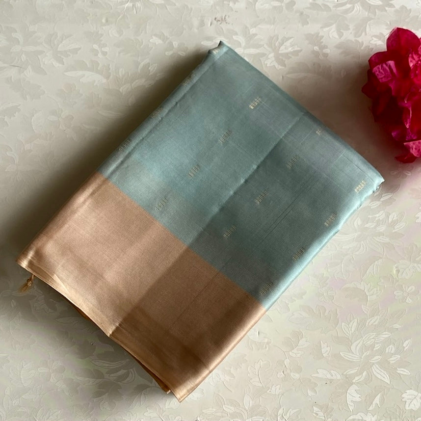Dreamy Pastel Blue Designer Pure Silk Saree With Beige Pallu