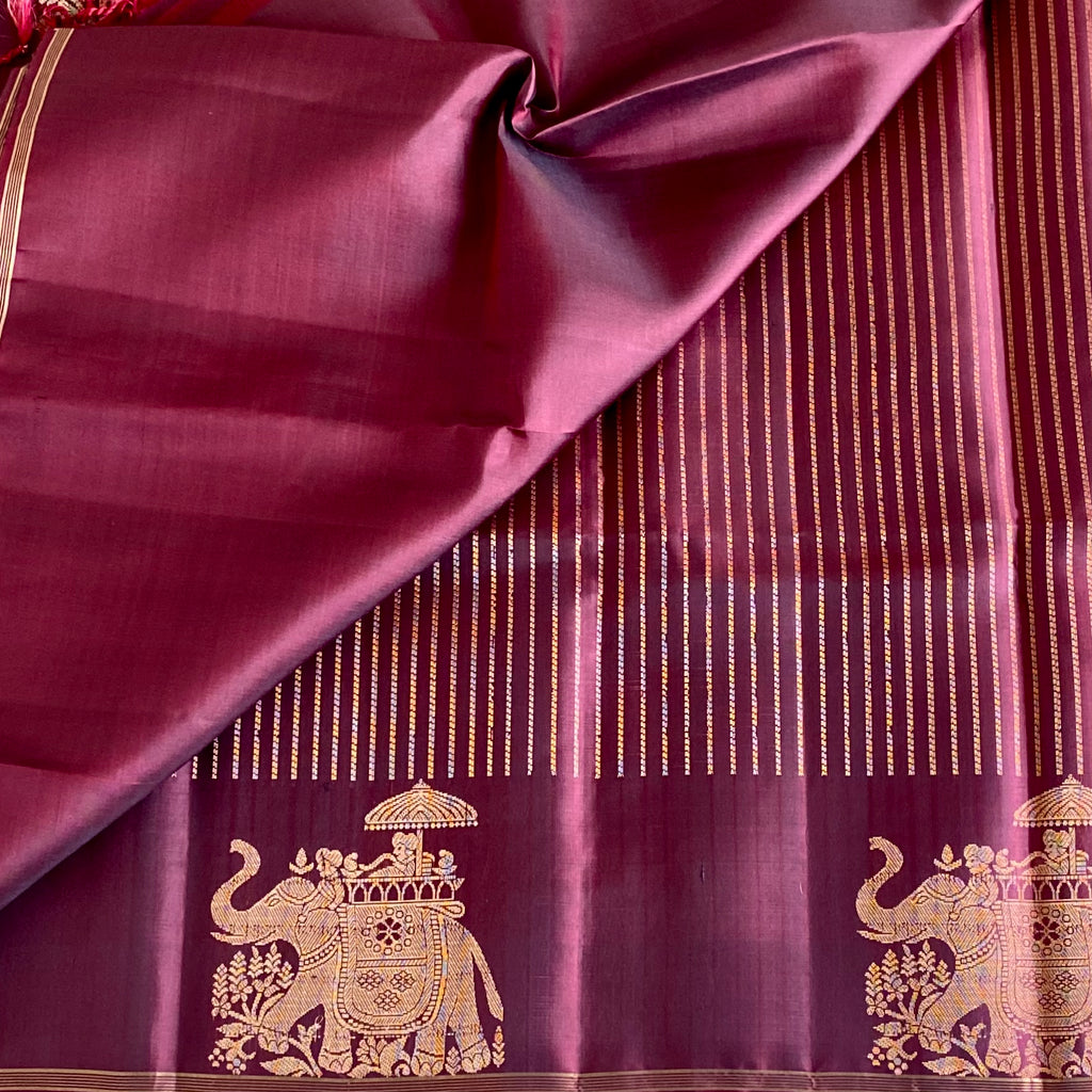 Deep Maroon Designer Pure Silk Saree With Antique Gold Pallu
