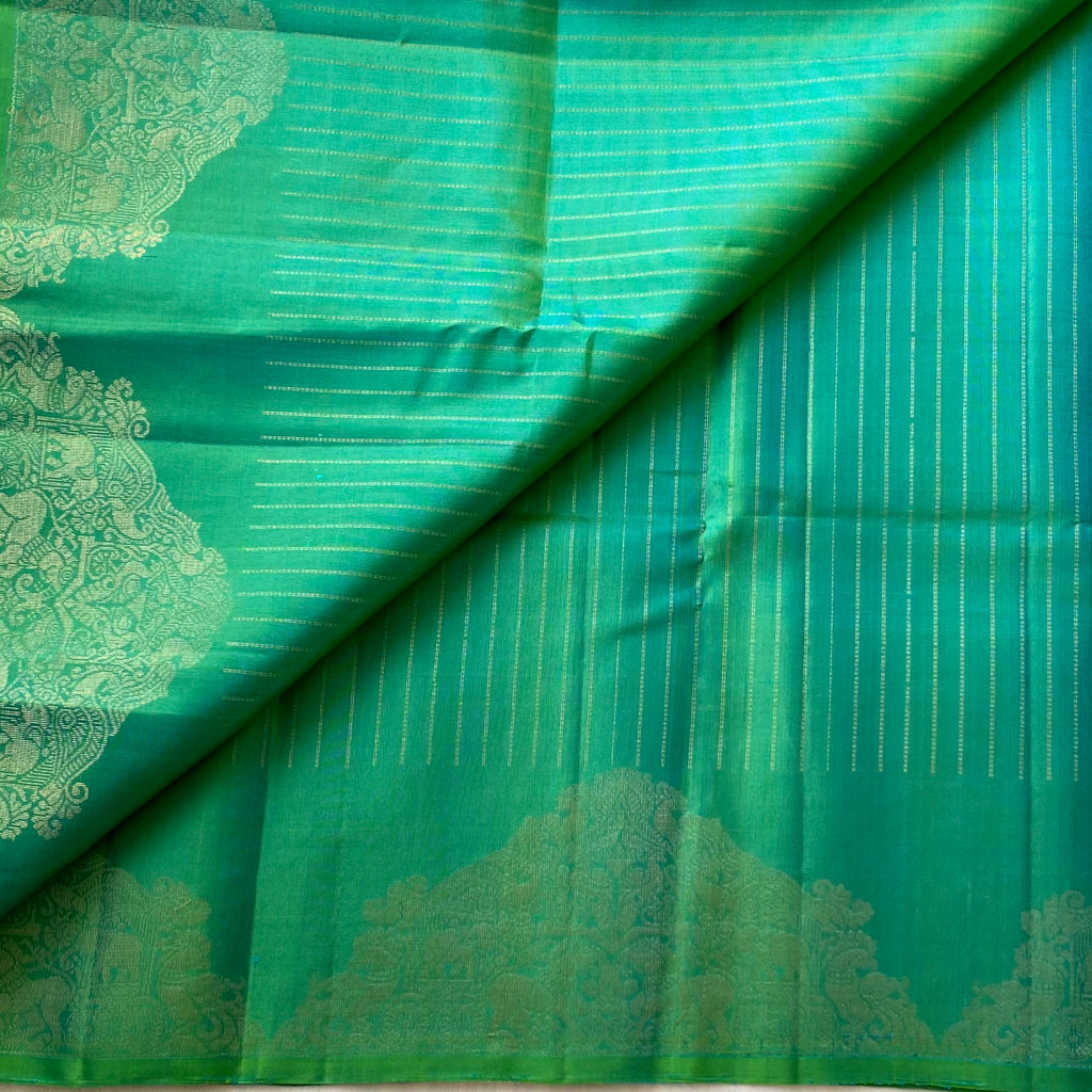Emerald Teal Silk Saree Pale Gold Zari Elephant Border Tassels