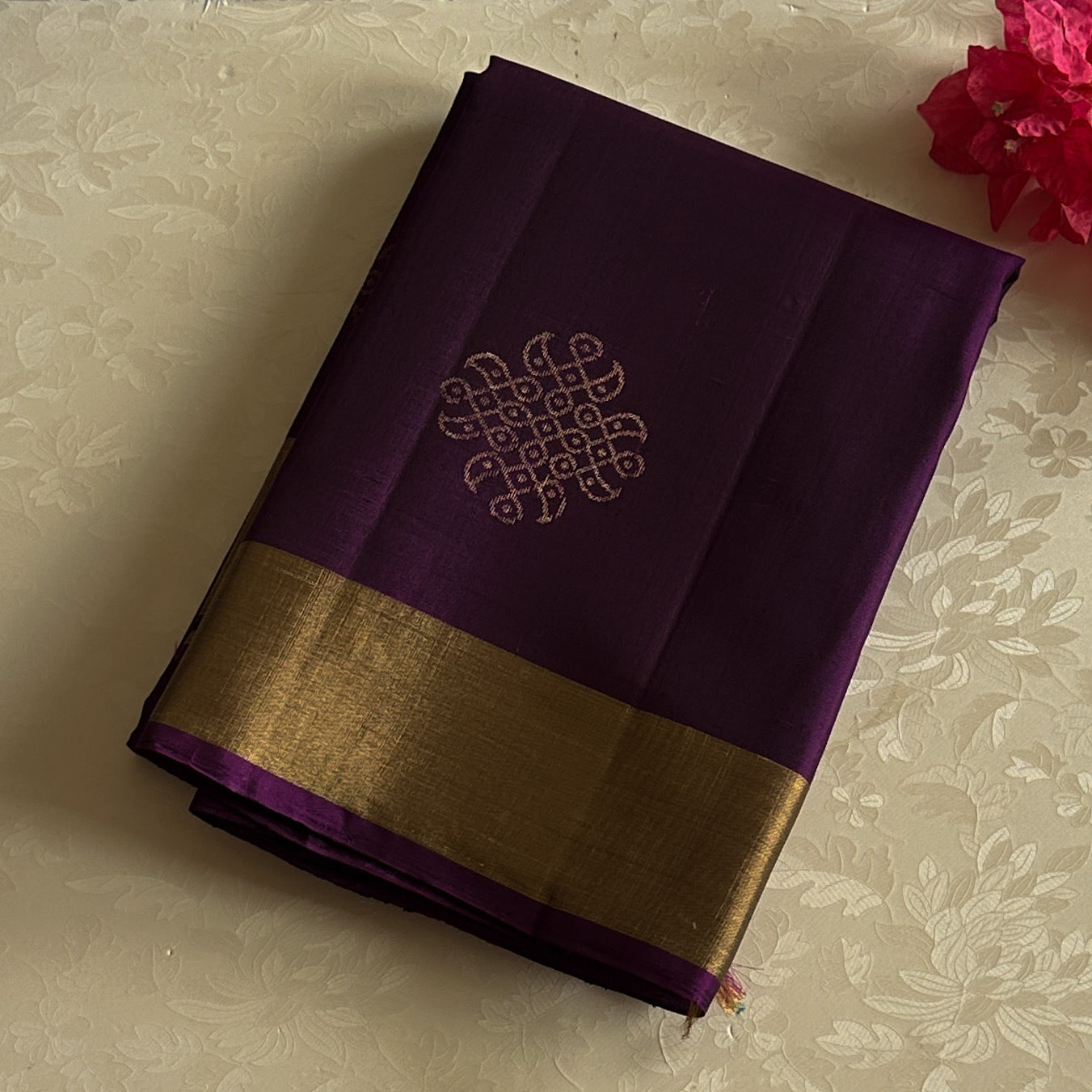 Purple Lustrous Saree With Gold Zari Lattice And Broad Border