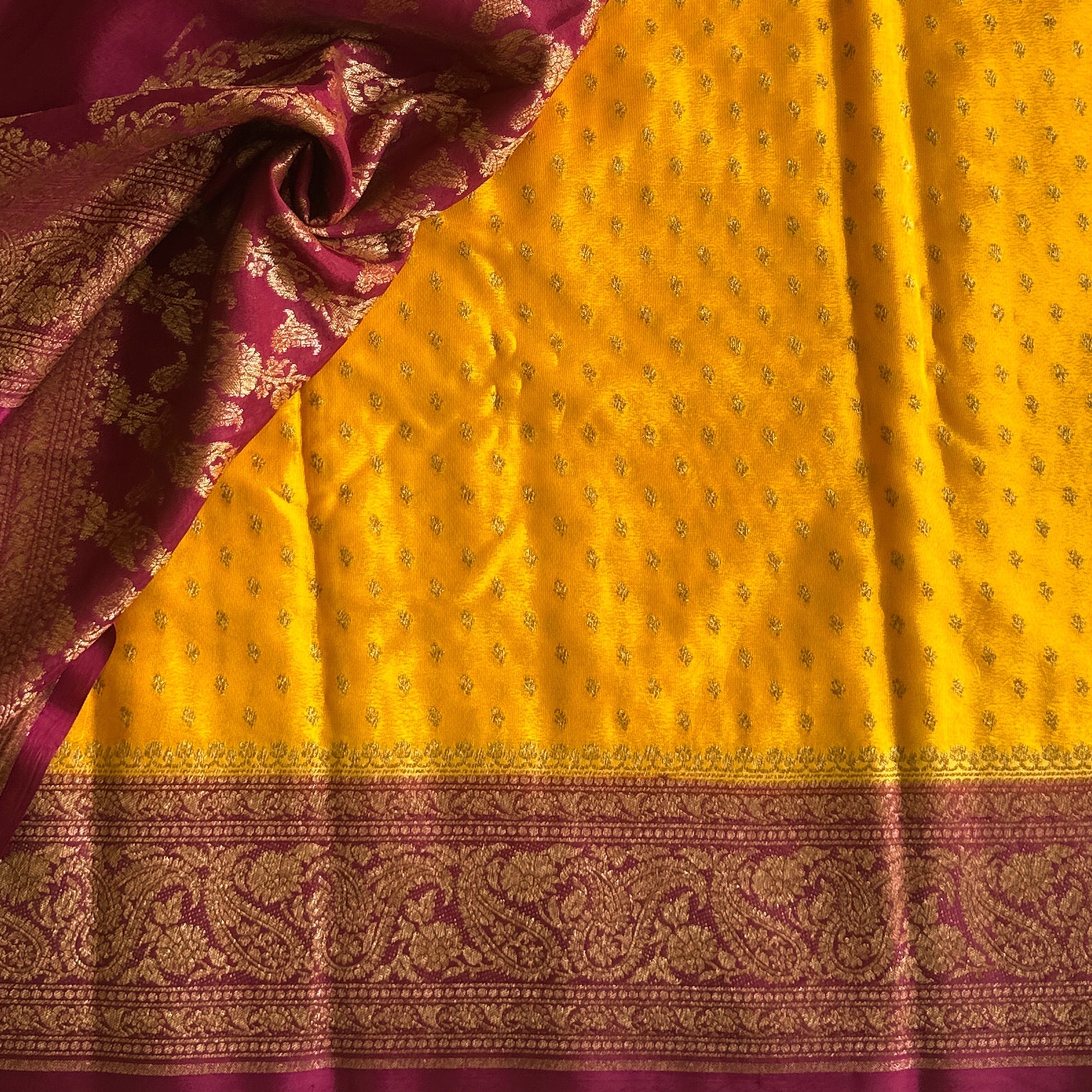 Saffron Yellow with Deep Magenta Soft Crepe Silk