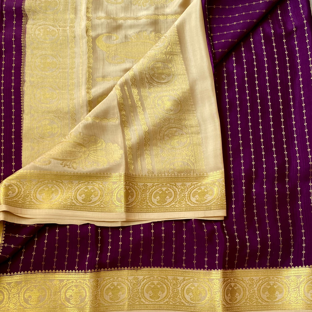 Plum Purple Saree Gold Border Vertical Dotted Motif Traditional Wear