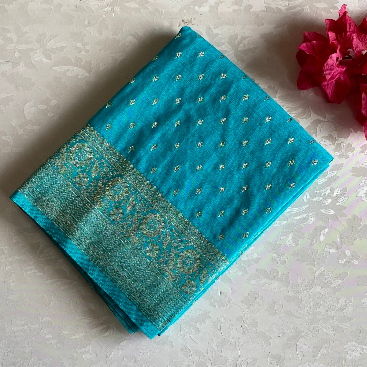 Turquoise Soft Crepe Silk Saree With Metallic Gold Brocade Border And Pallu
