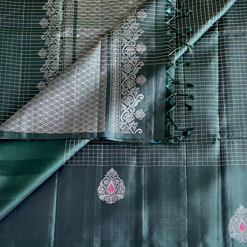 Bottle Green Designer Pure Silk Saree With Metallic Silver Pallu