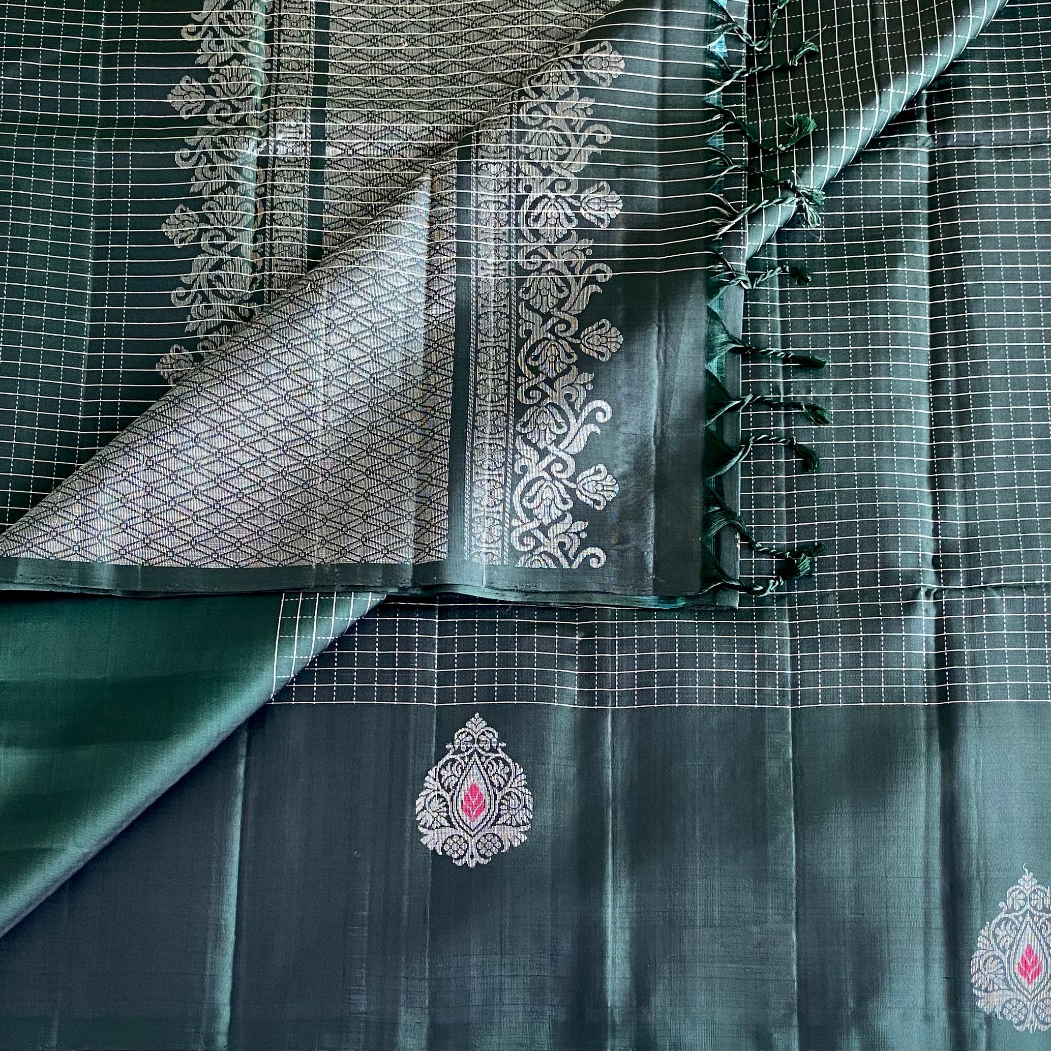 Bottle Green Designer Pure Silk Saree With Metallic Silver Pallu