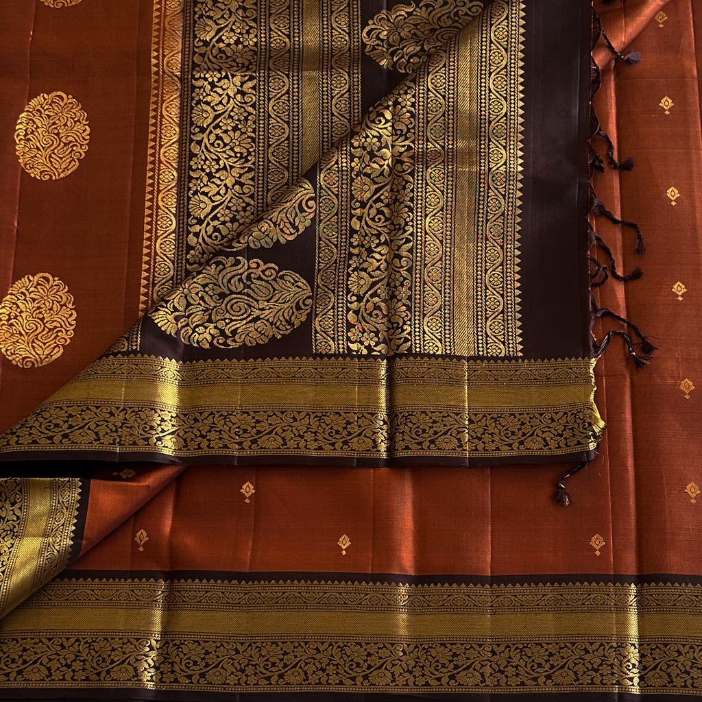 Rust Orange Purple Kanjivaram Silk Saree Gold Zari Border Pallu