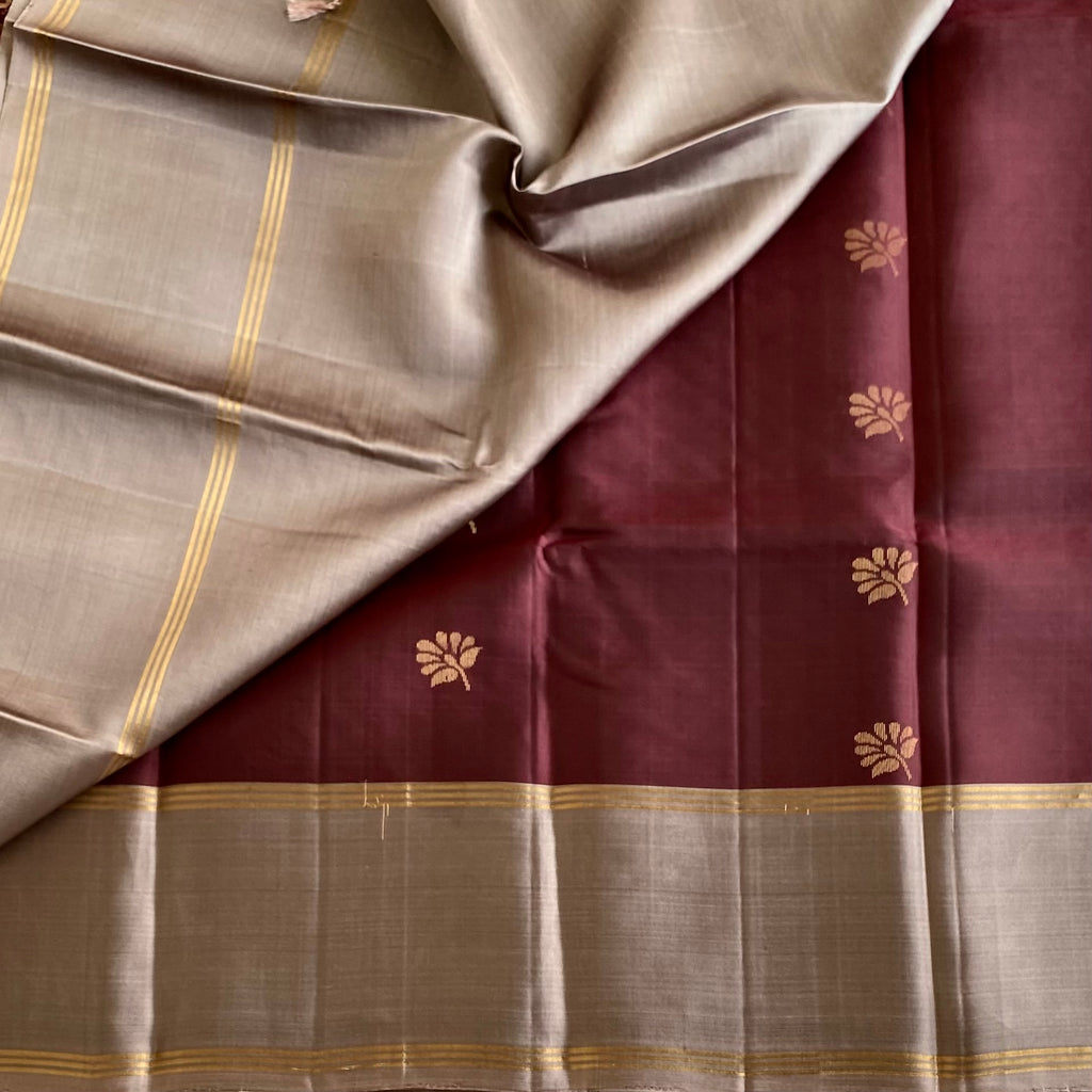 Burgundy Brown & Taupe Beige Designer Pure Silk Saree With Zari Border
