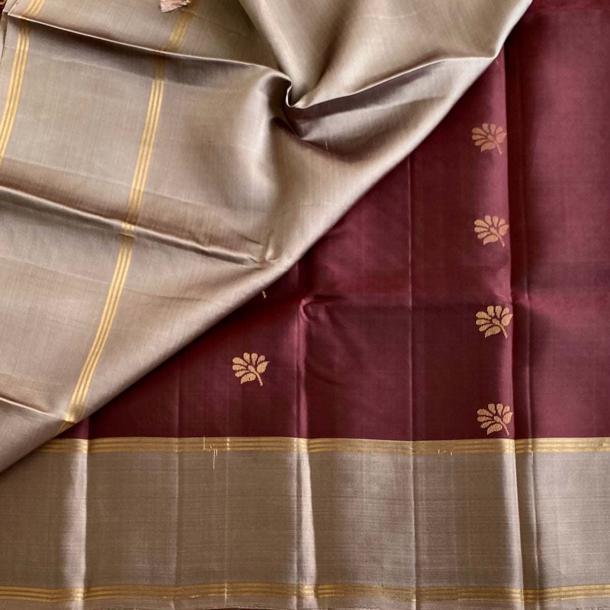 Burgundy Brown & Taupe Beige Designer Pure Silk Saree With Zari Border
