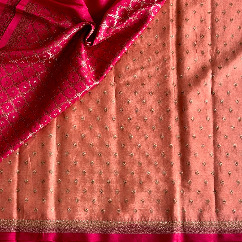 Peach Banarasi Crepe Silk Saree With Rani Pink Pallu