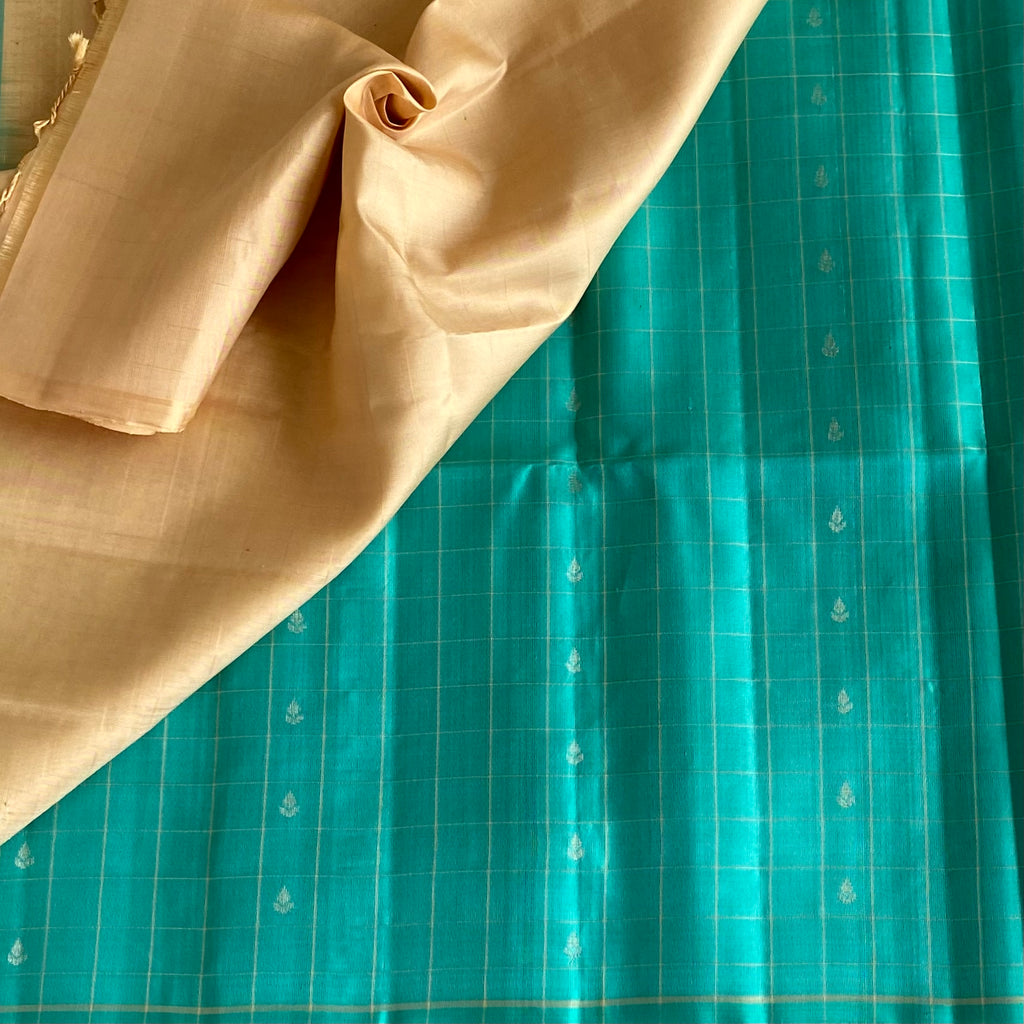 Turquoise Designer Pure Silk Saree With Golden Beige Pallu