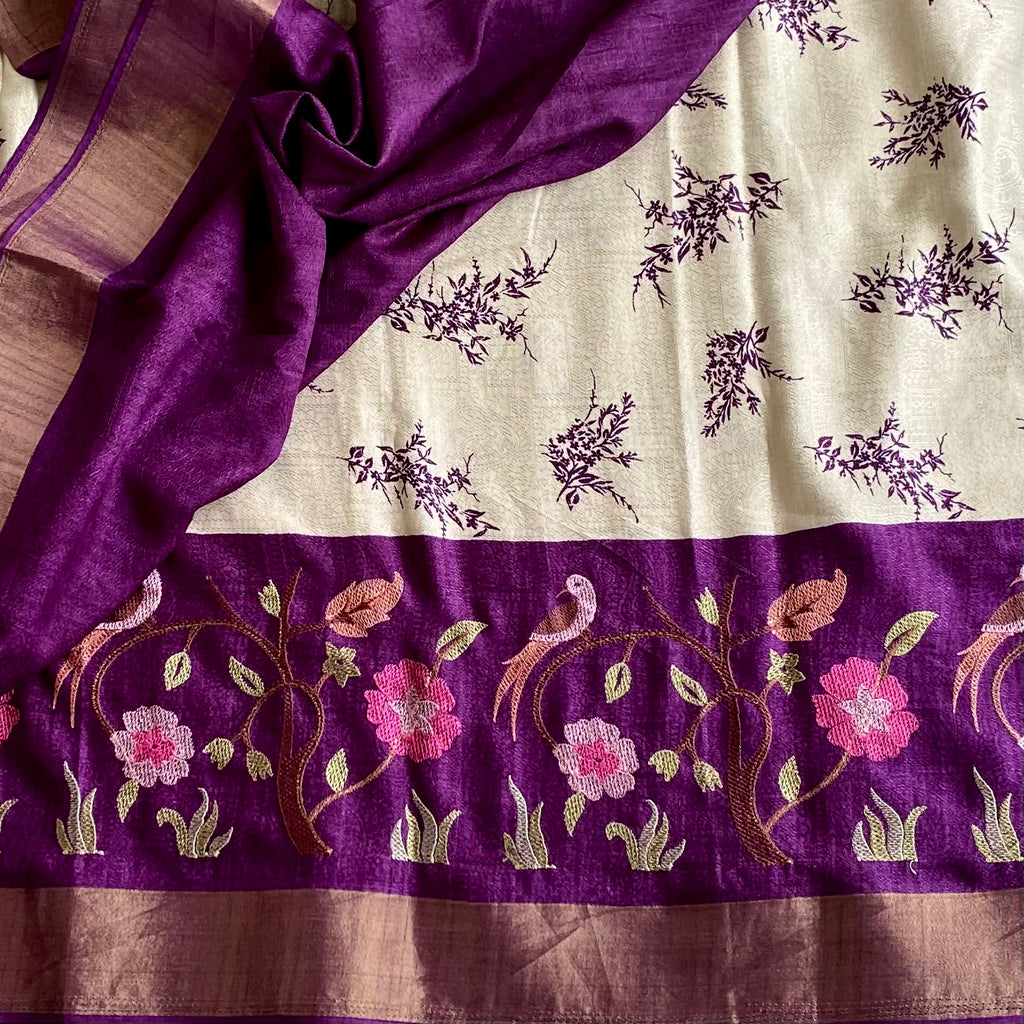 Soft Tussar Silk Ivory Saree With Royal Purple Pallu And Zari Border