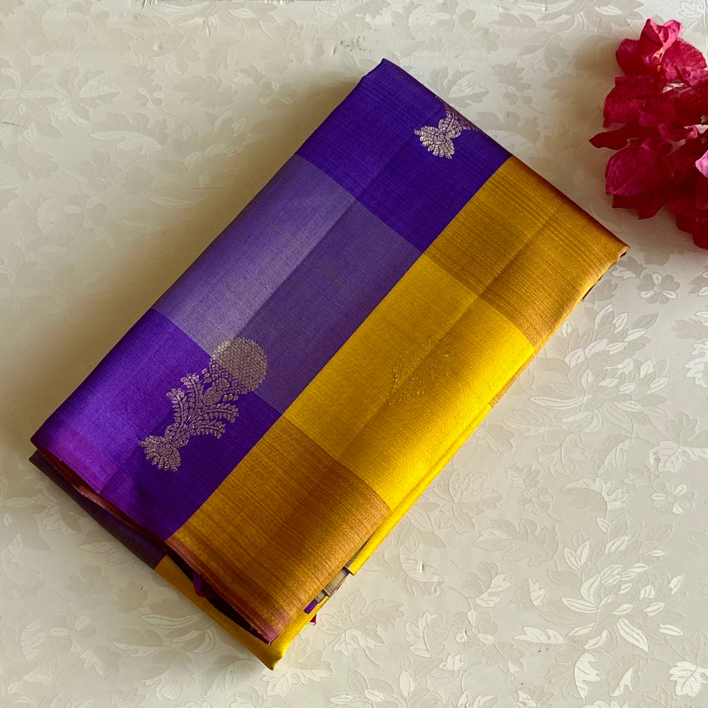 Mustard Yellow Kanjeevaram Pure Zari Silk Saree With Royal Purple Checks